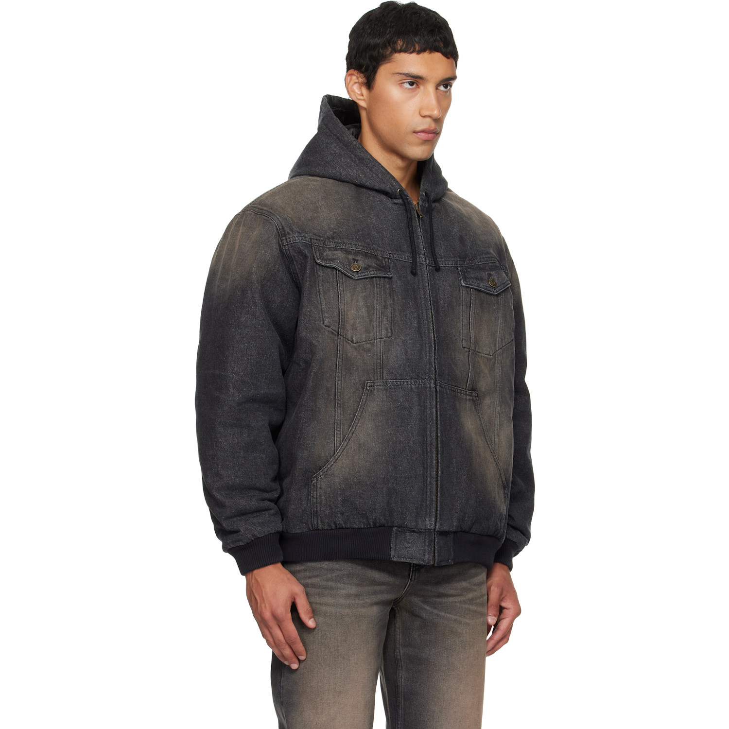  Egonlab Black & Brown Hooded Denim Jacket 
