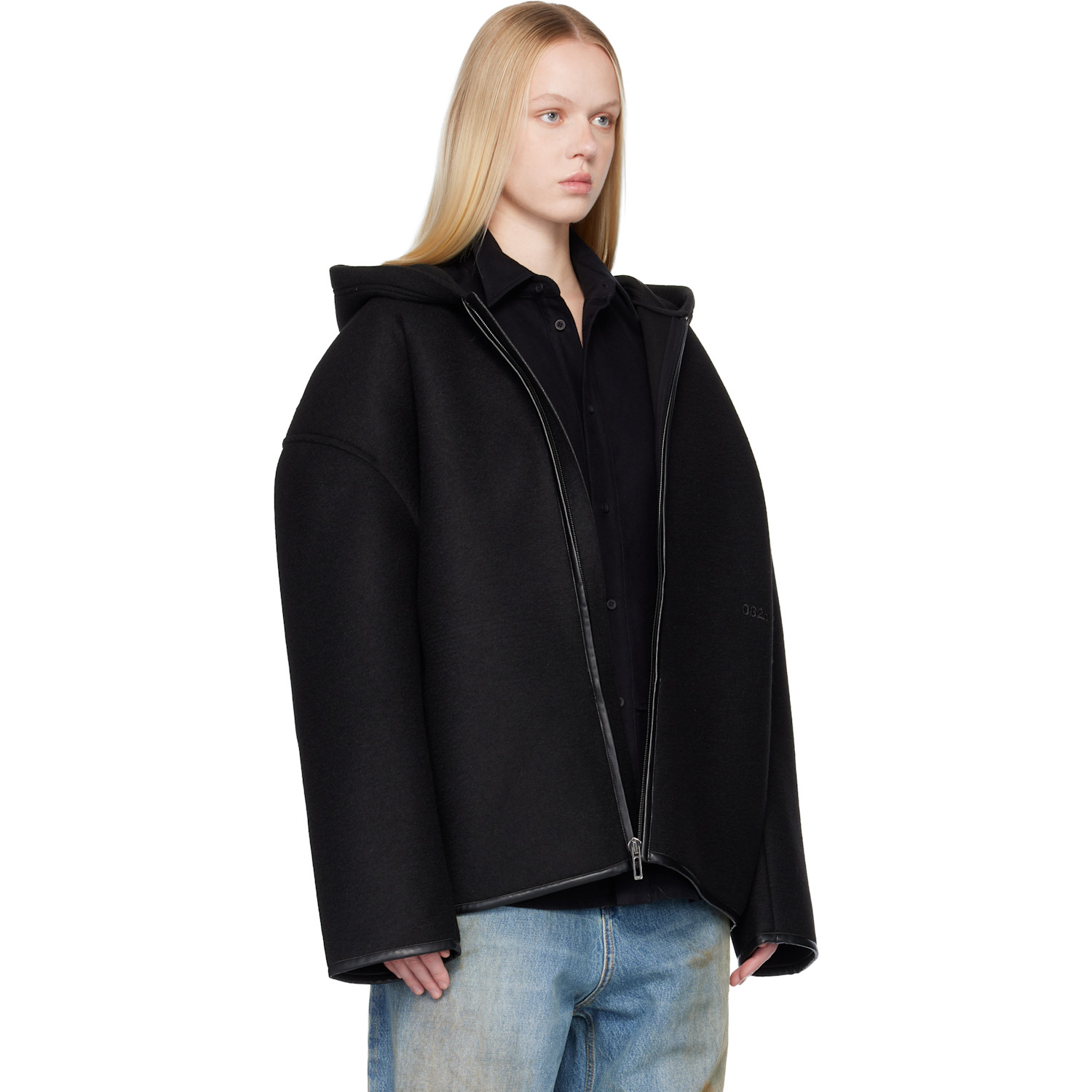  032c Black Neoprene Zip Up Hooded Jacket 