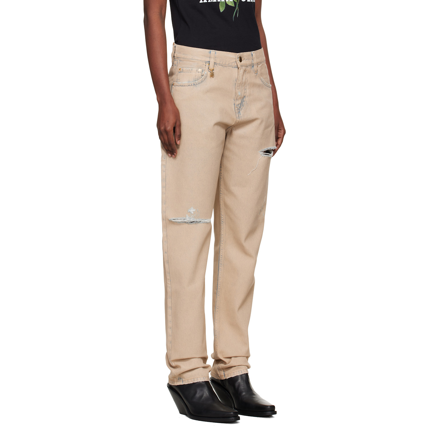  Amiri Beige Straight Ripped Jeans 