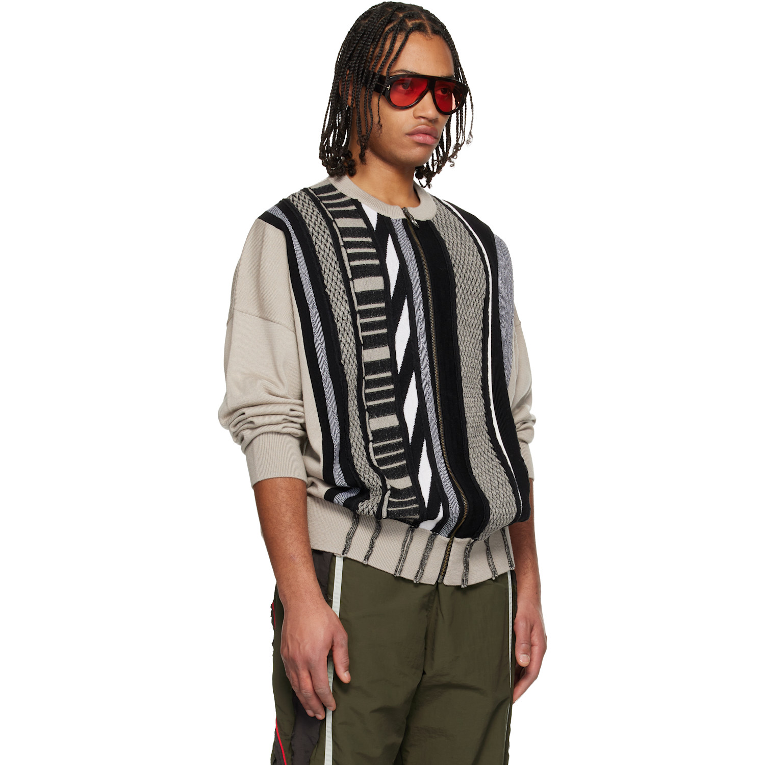  Martine Rose Beige & Black Multi Stripe Zip Up Crew Sweater 