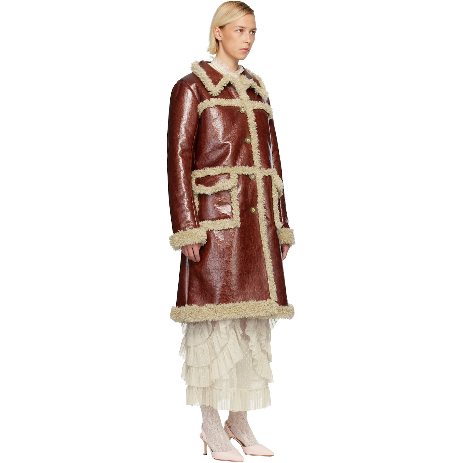  Anna Sui Brown Curly Lamb Trim Faux-leather Coat 