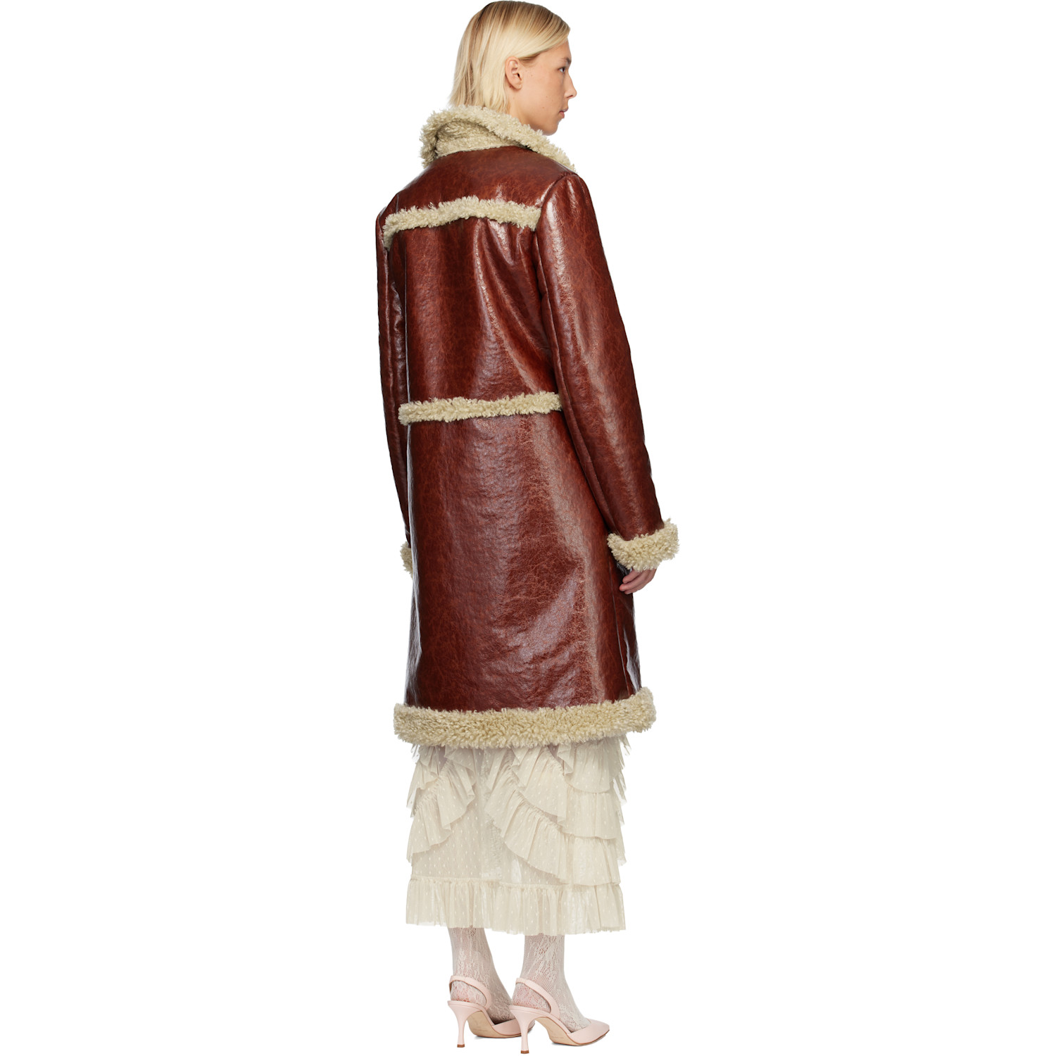  Anna Sui Brown Curly Lamb Trim Faux-leather Coat 
