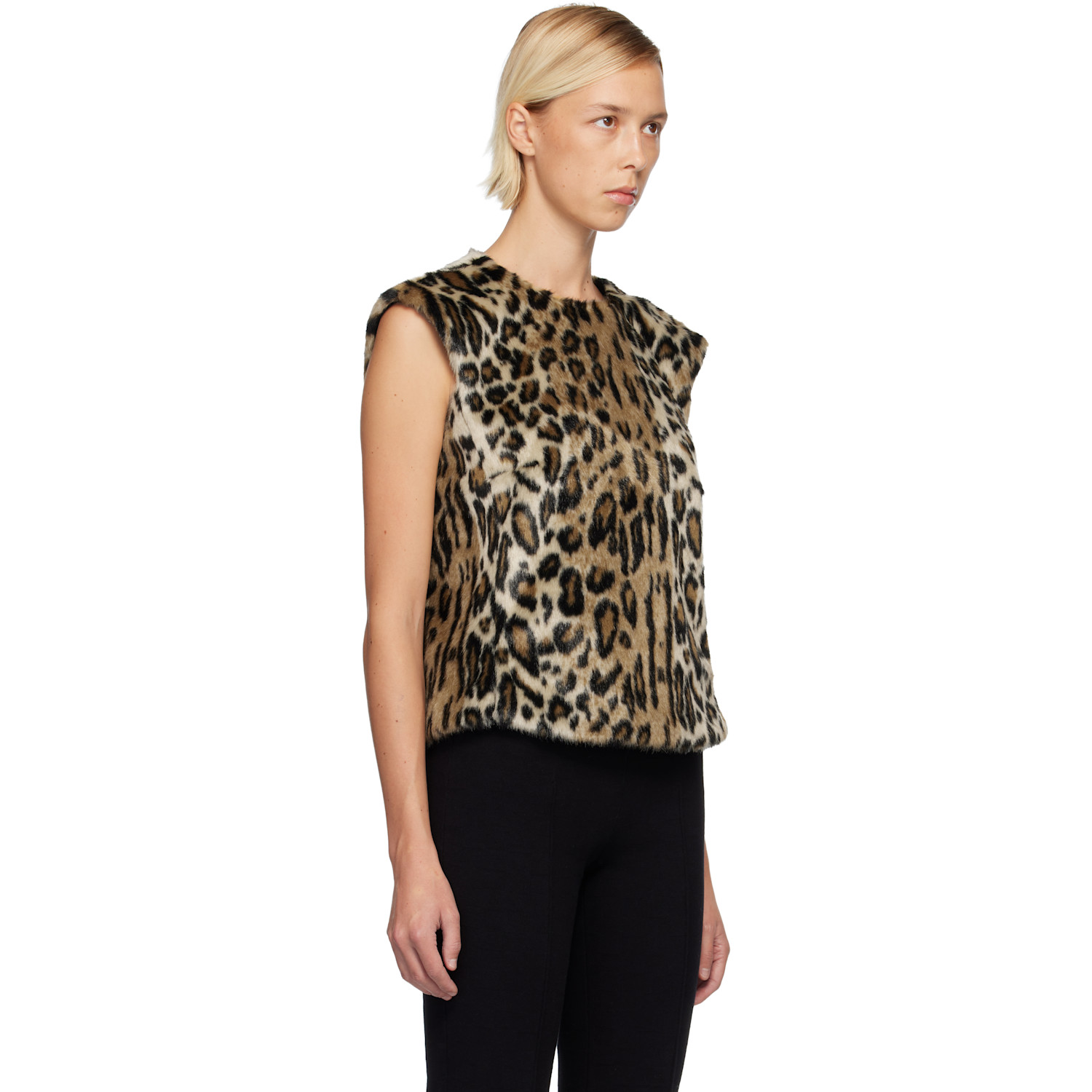  Anna Sui Beige & Black Leopard Sleeveless Faux-fur Top 
