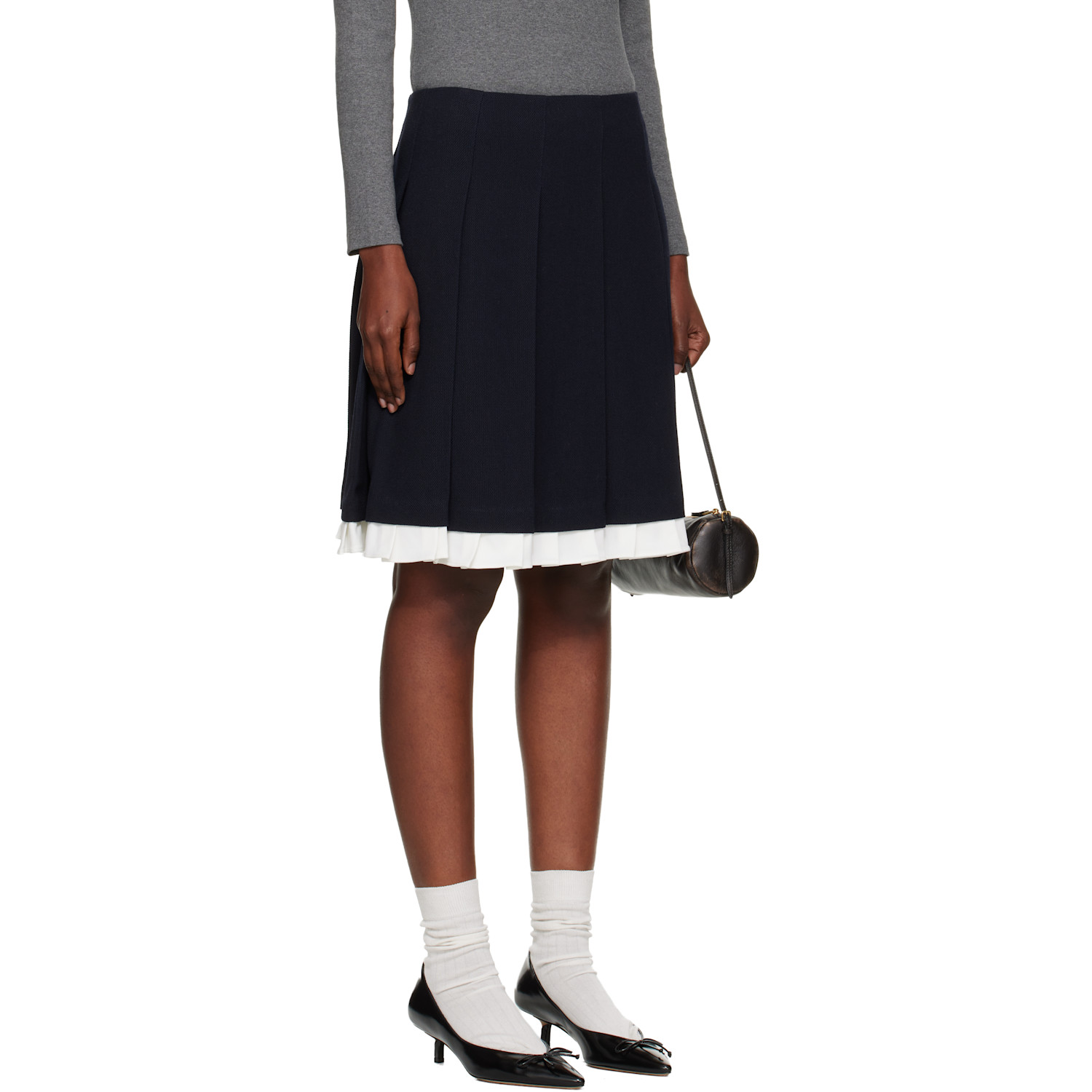  Shushu/tong Navy Patchwork Lace Wide Pleat Midi Skirt 