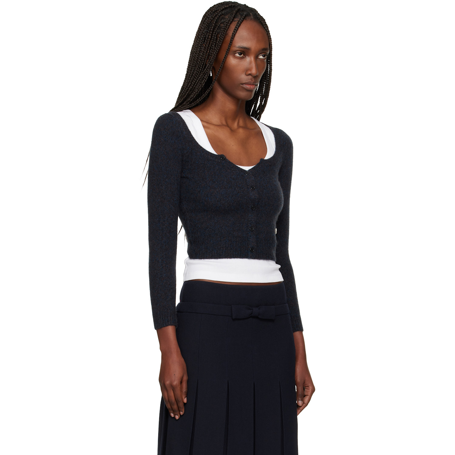  Shushu/tong Navy Wide Round Neck Fitted Cardigan 