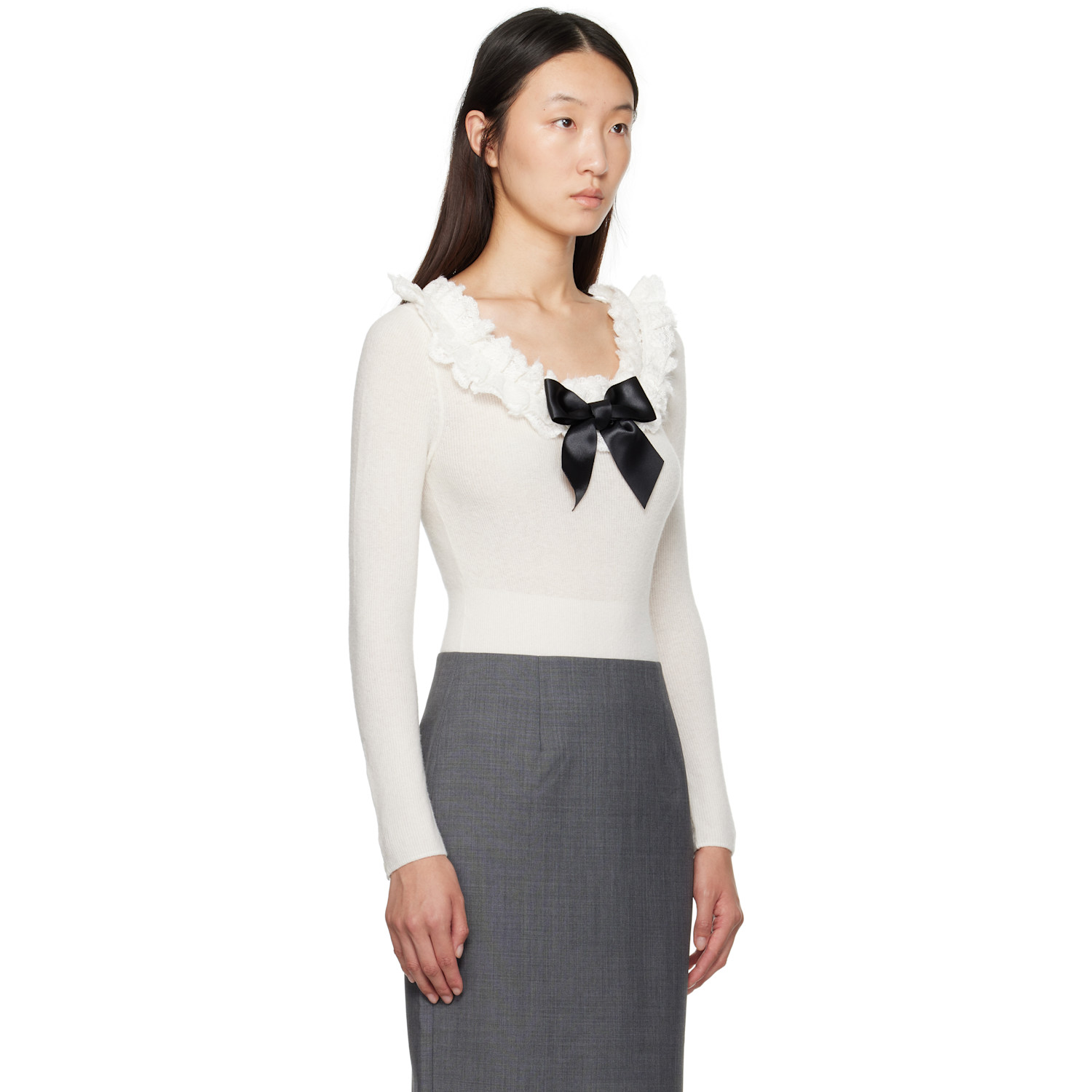  Shushu/tong White Neck-embellished Knitwear Bodysuit 