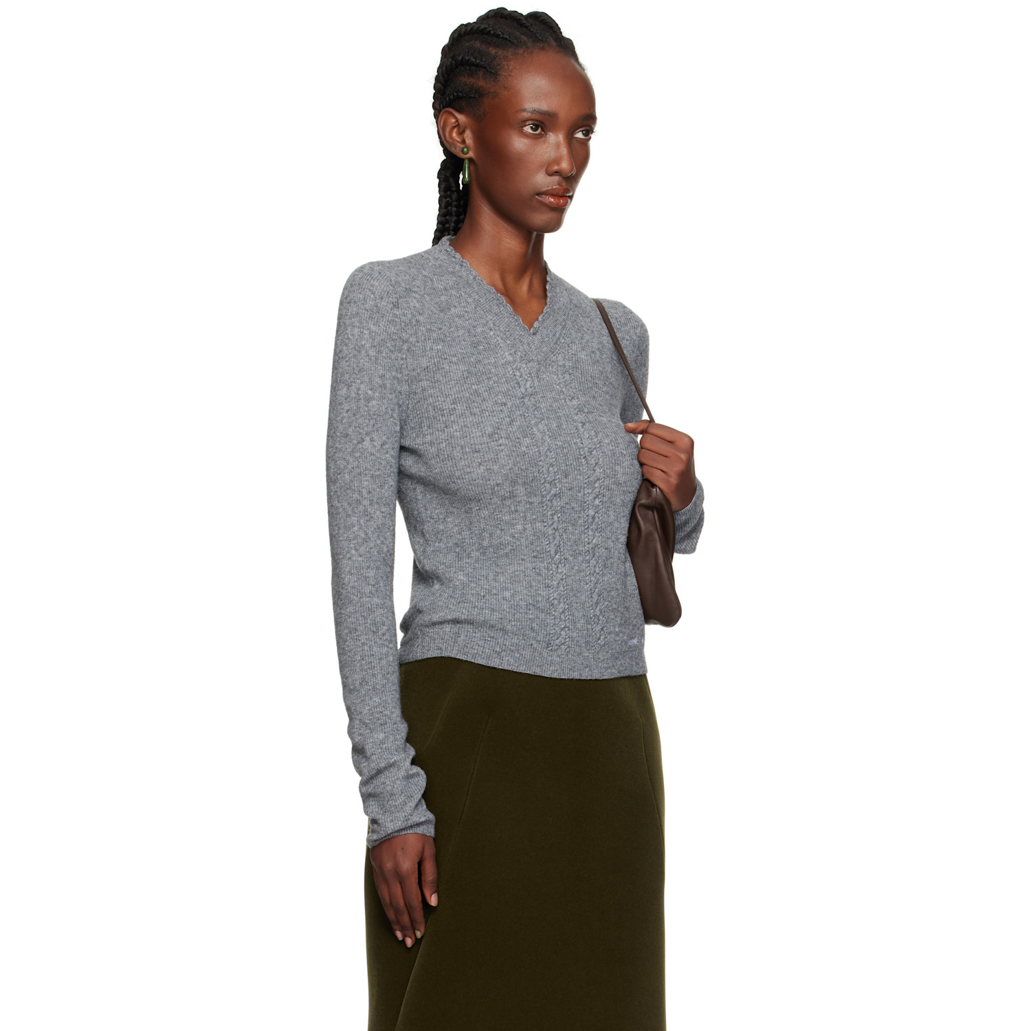  Shushu/tong Gray Lace-trimmed V-neck Knit Sweater 