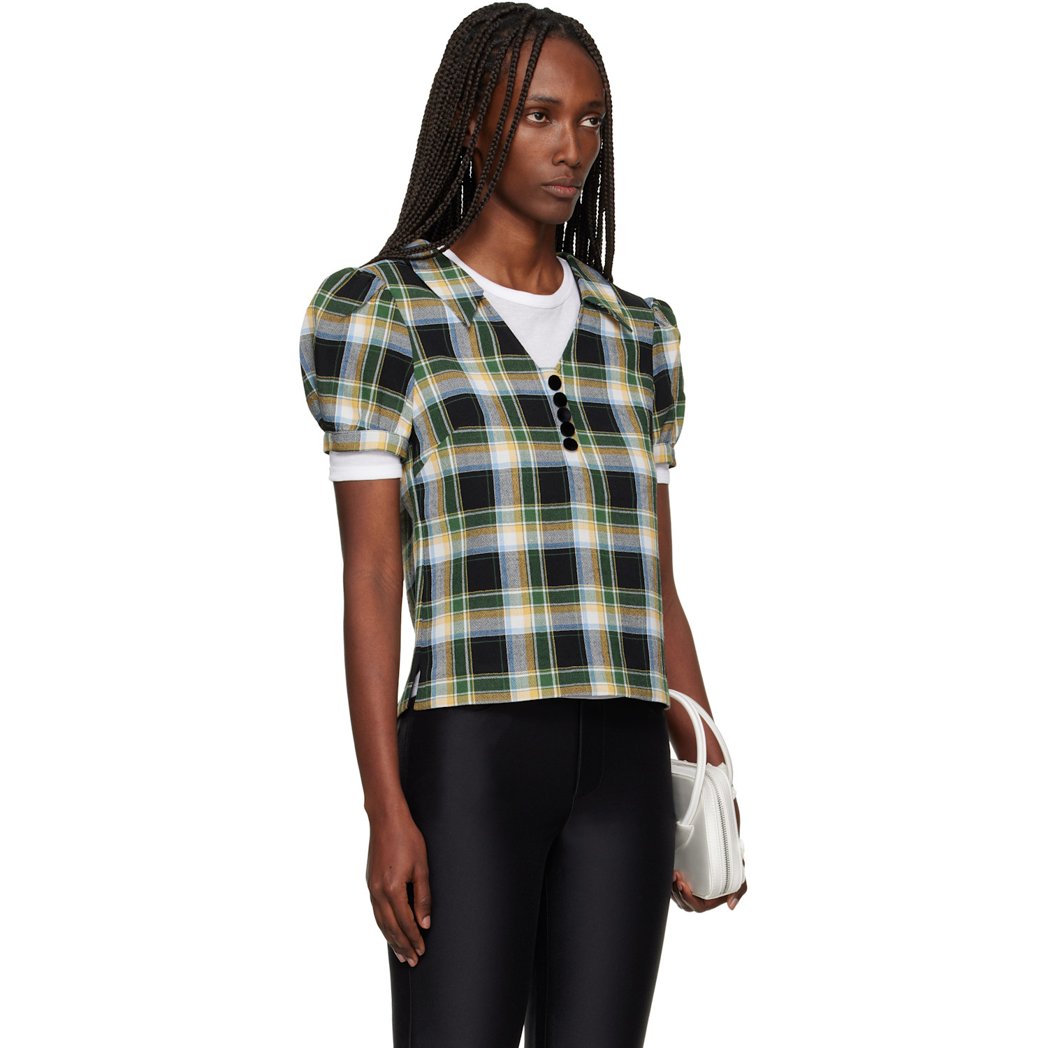  Shushu/tong Green Notched Lapel Puff Sleeve Blouse 