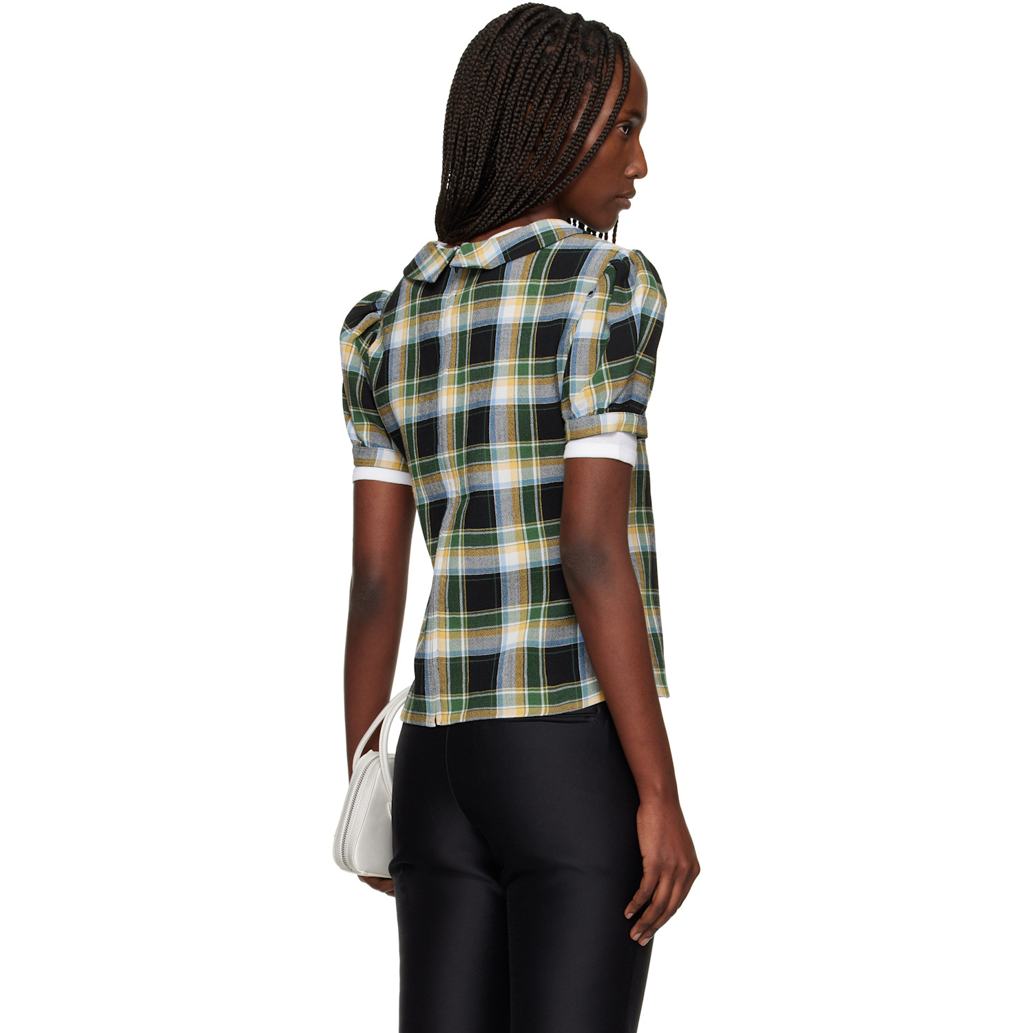  Shushu/tong Green Notched Lapel Puff Sleeve Blouse 