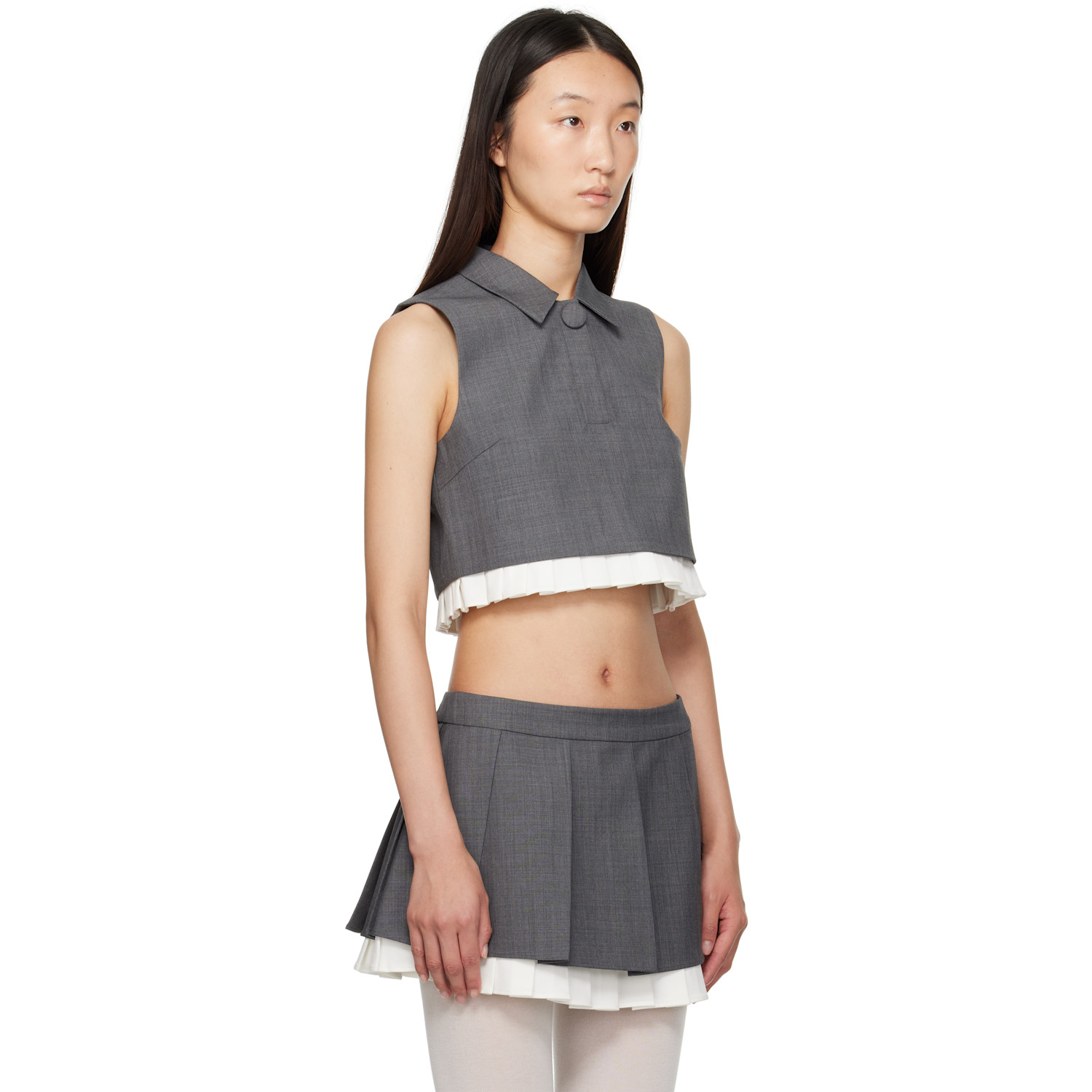  Shushu/tong Gray Pleated Hem Round Collar Short Top 