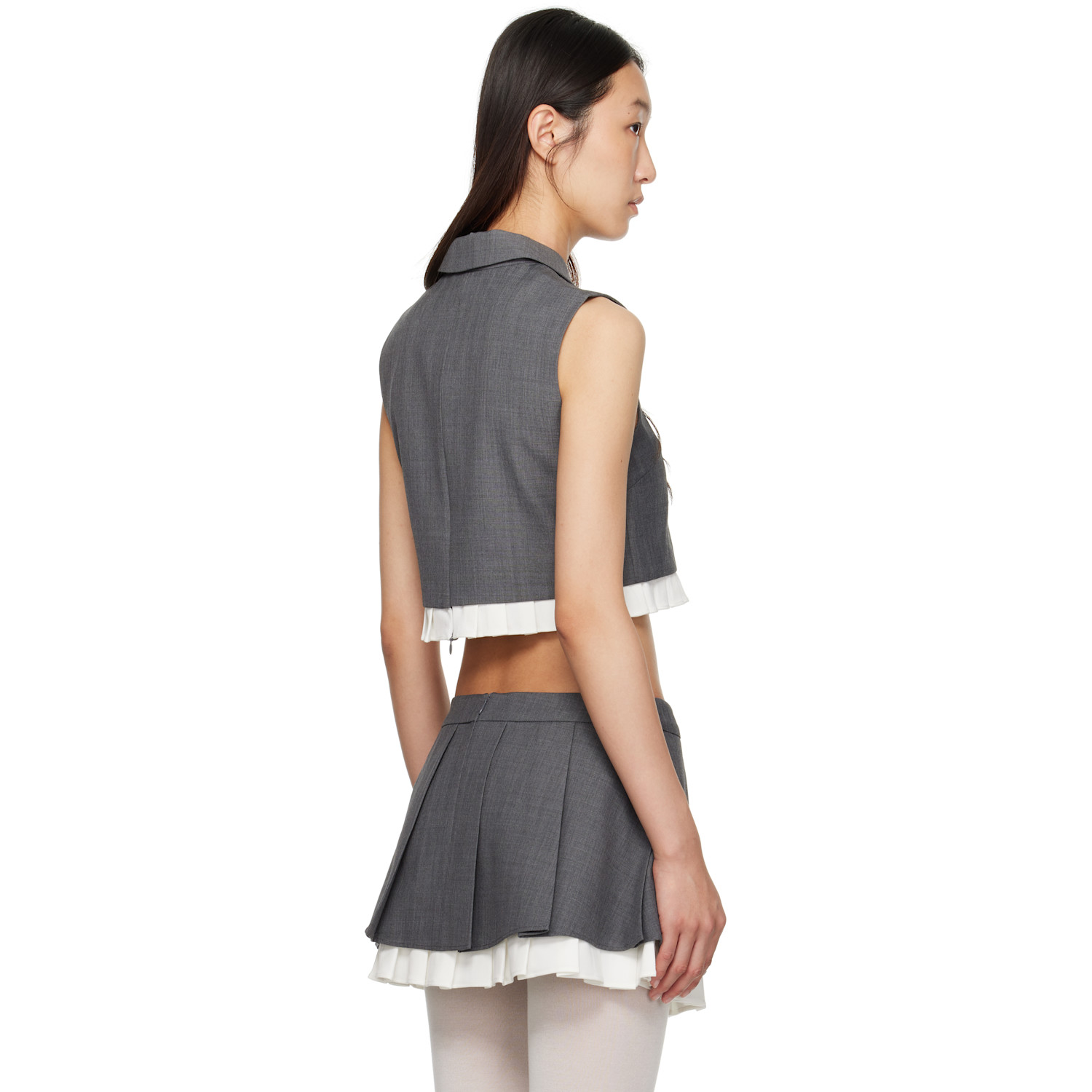  Shushu/tong Gray Pleated Hem Round Collar Short Top 