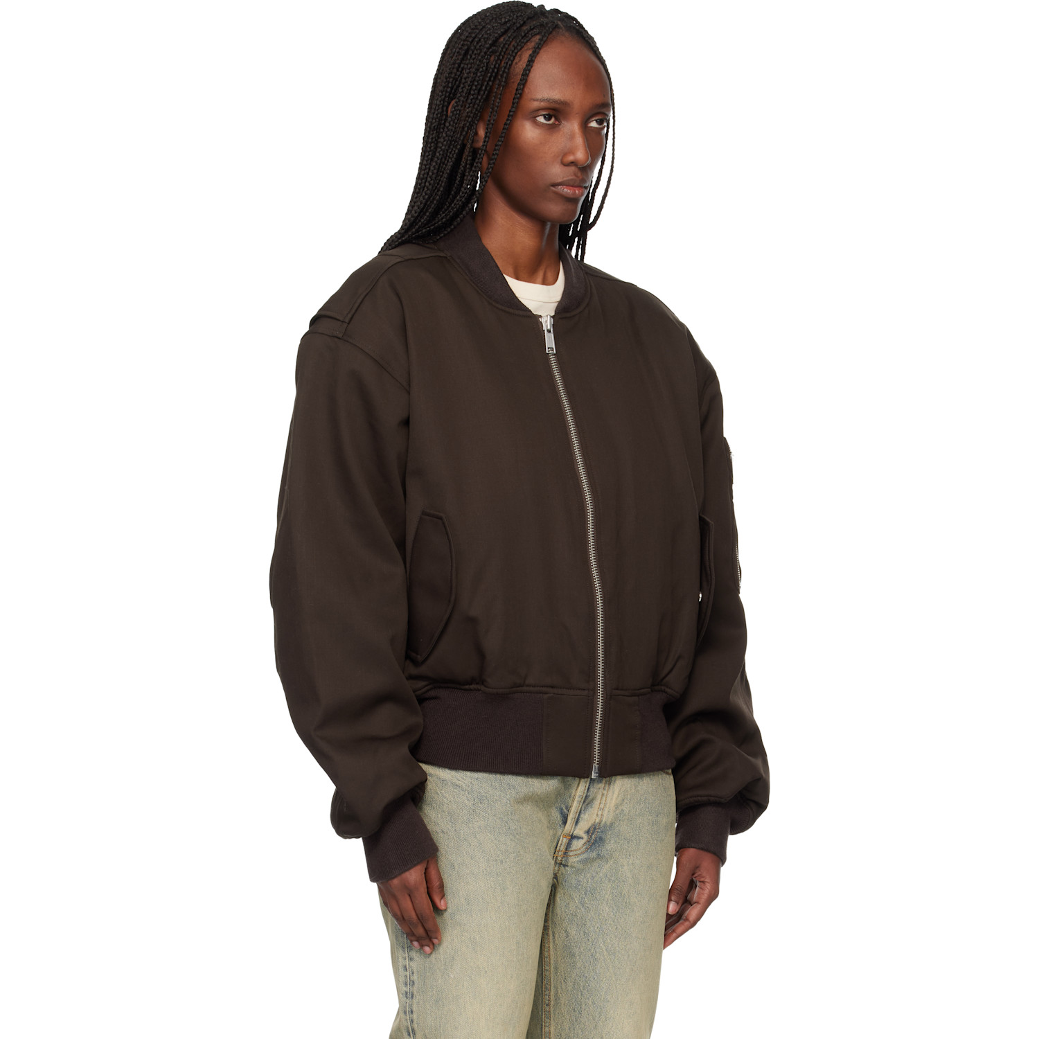  Entire Studios Brown Cropped Broad Suiting Bomber Jacket 