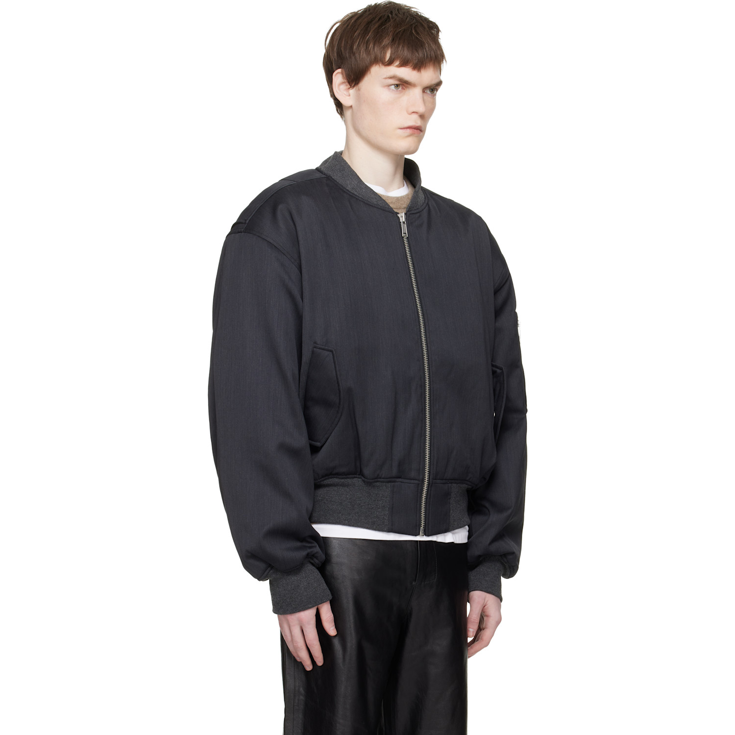  Entire Studios Gray Cropped Broad Suiting Bomber Jacket 
