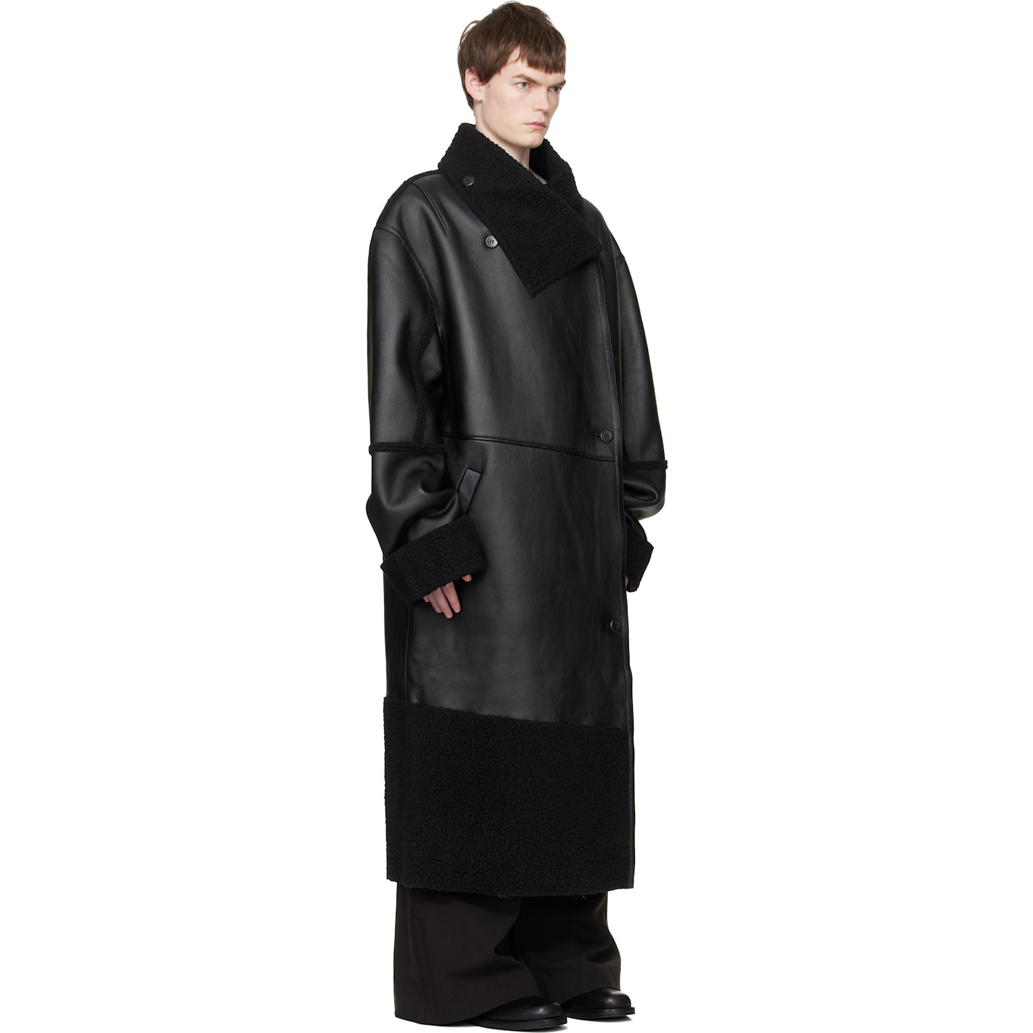  Entire Studios Black Long Leather & Faux-shearling Coat 