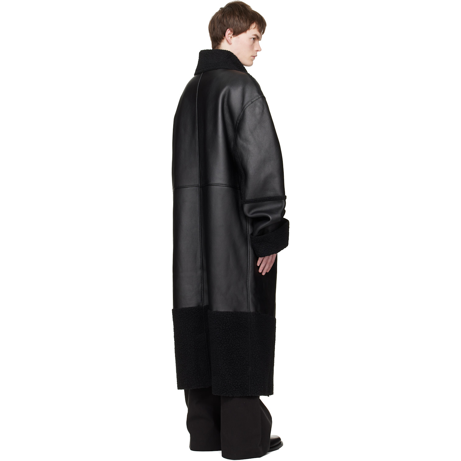  Entire Studios Black Long Leather & Faux-shearling Coat 