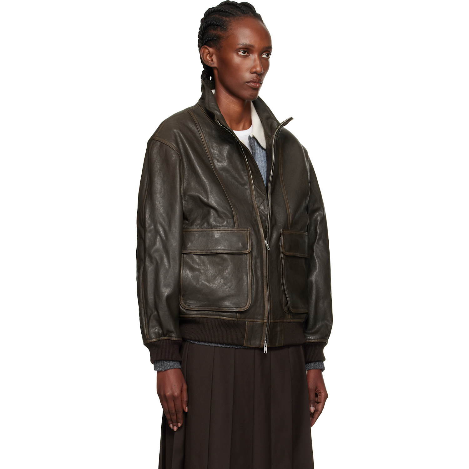  Dunst Brown Stand Collared Leather Jacket 