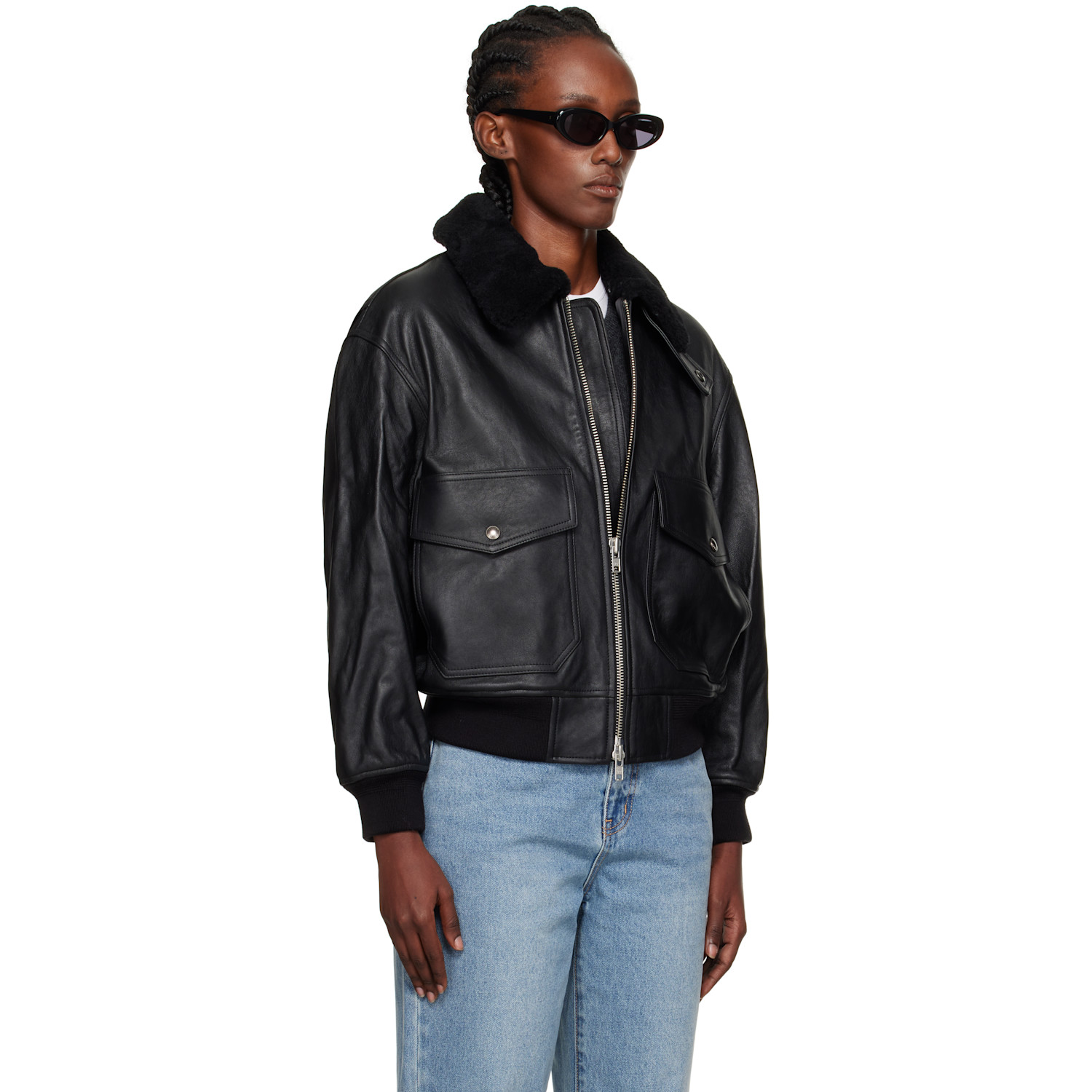  Dunst Black A-2 Shearling Collared Leather Jacket 