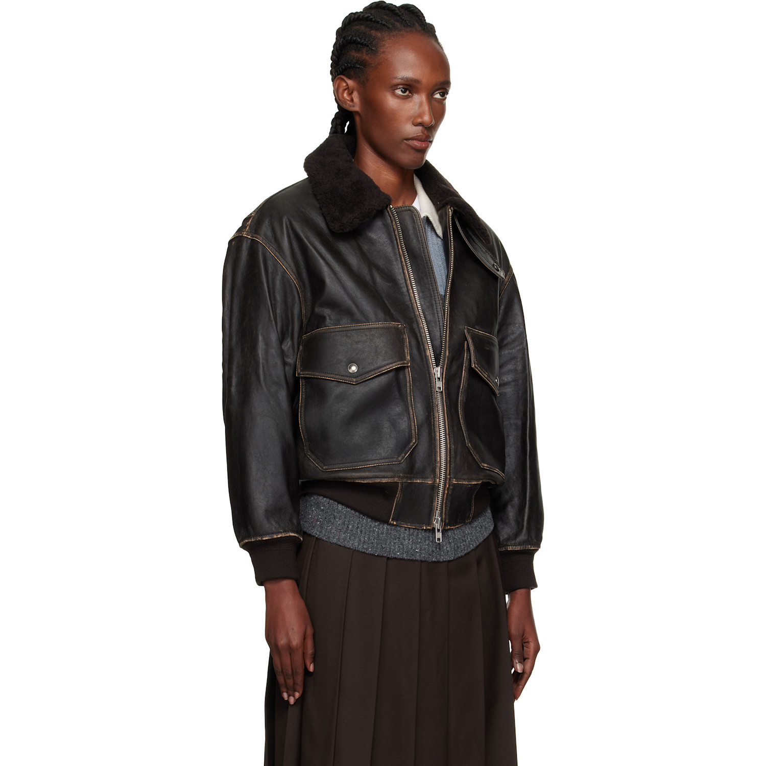  Dunst Brown A-2 Shearling Collared Leather Jacket 