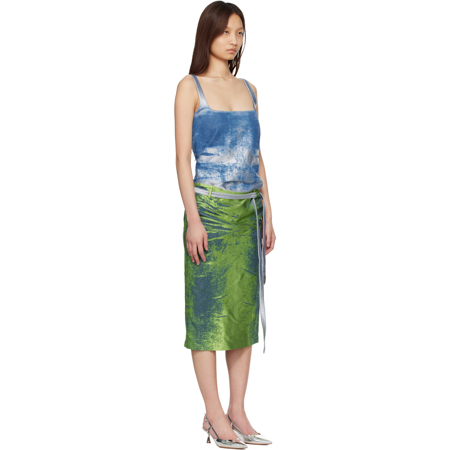  Diesel Blue & Green Open-back Apron Satin Denim Midi Dress 