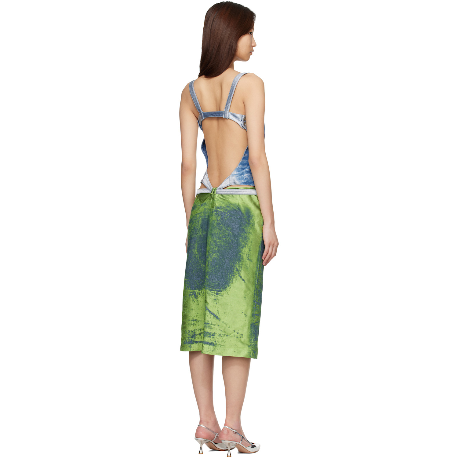  Diesel Blue & Green Open-back Apron Satin Denim Midi Dress 