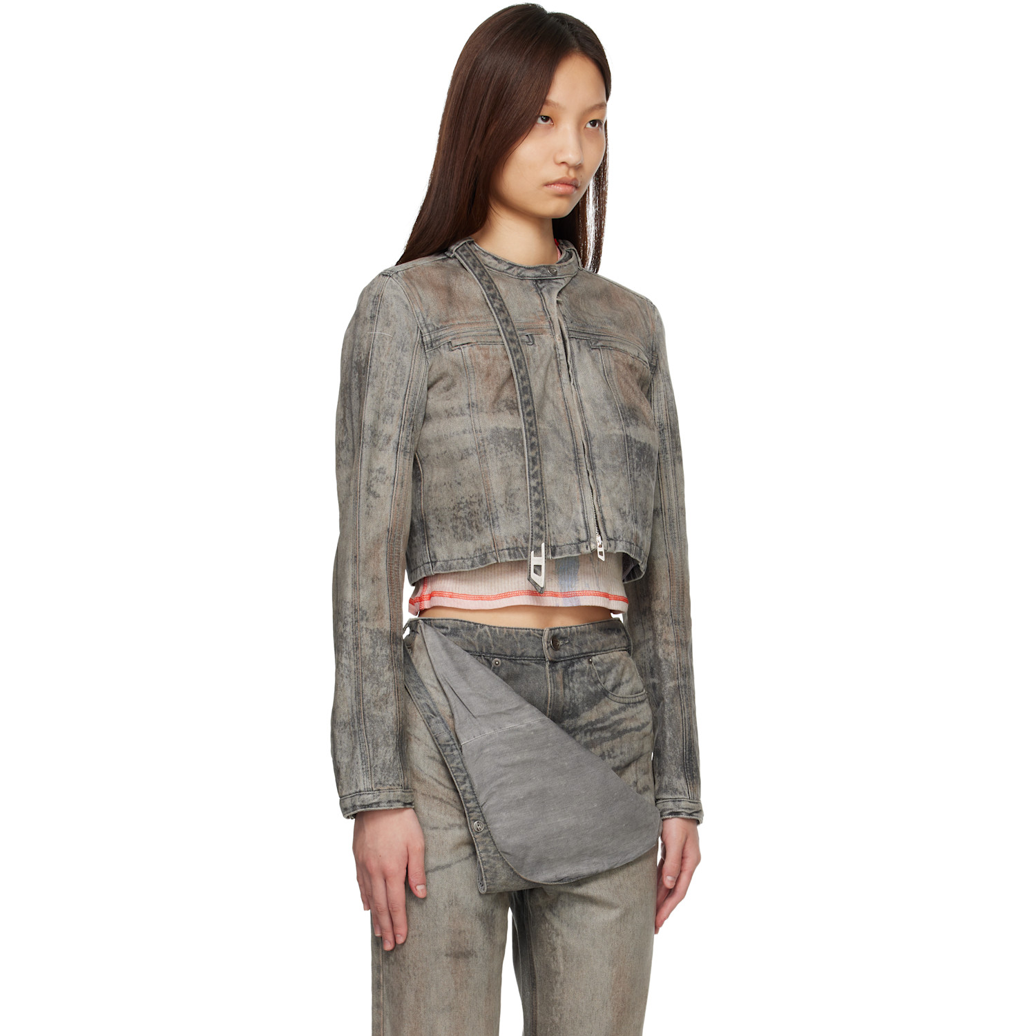 Diesel Gray Cropped Cotton-hemp Satin Denim Jacket 