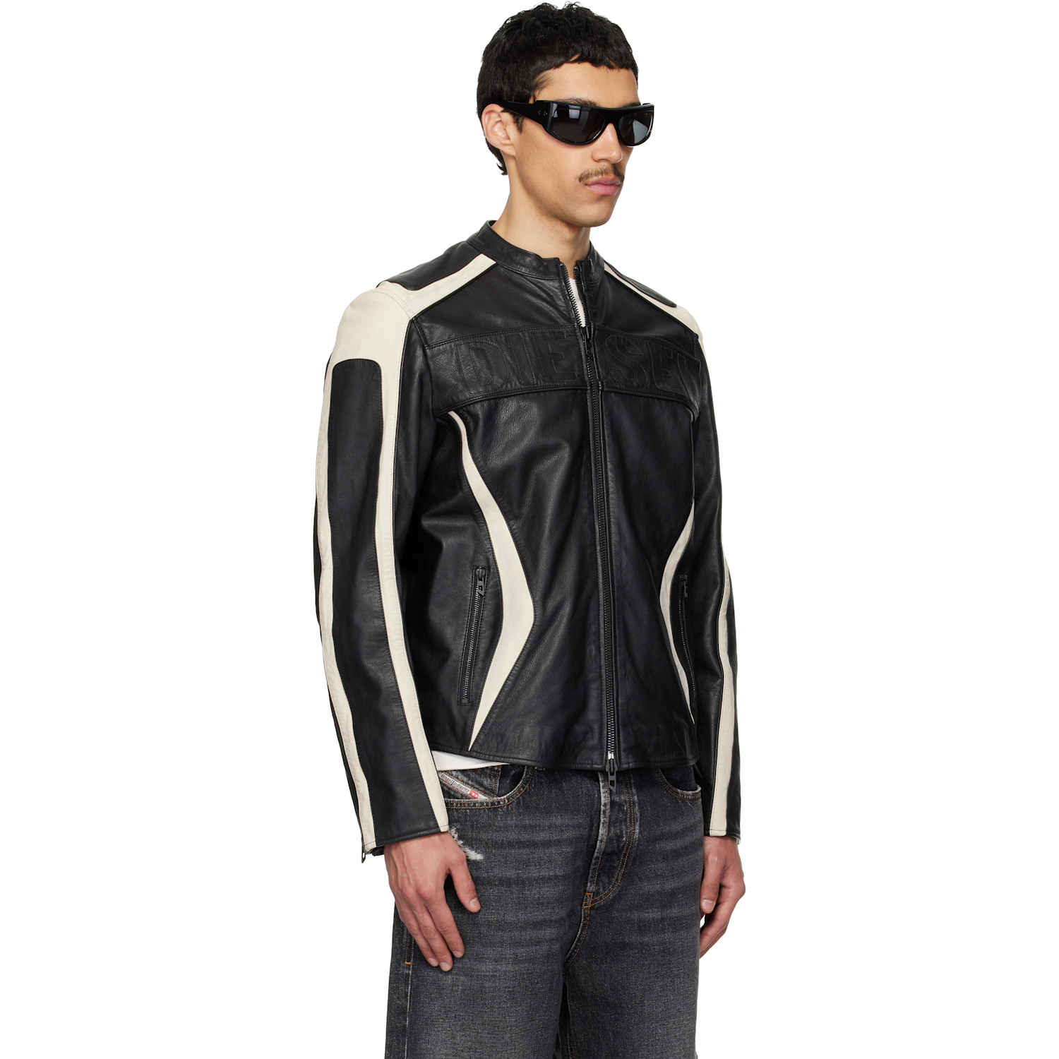  Diesel Black & Off-white L-adam Leather Jacket 