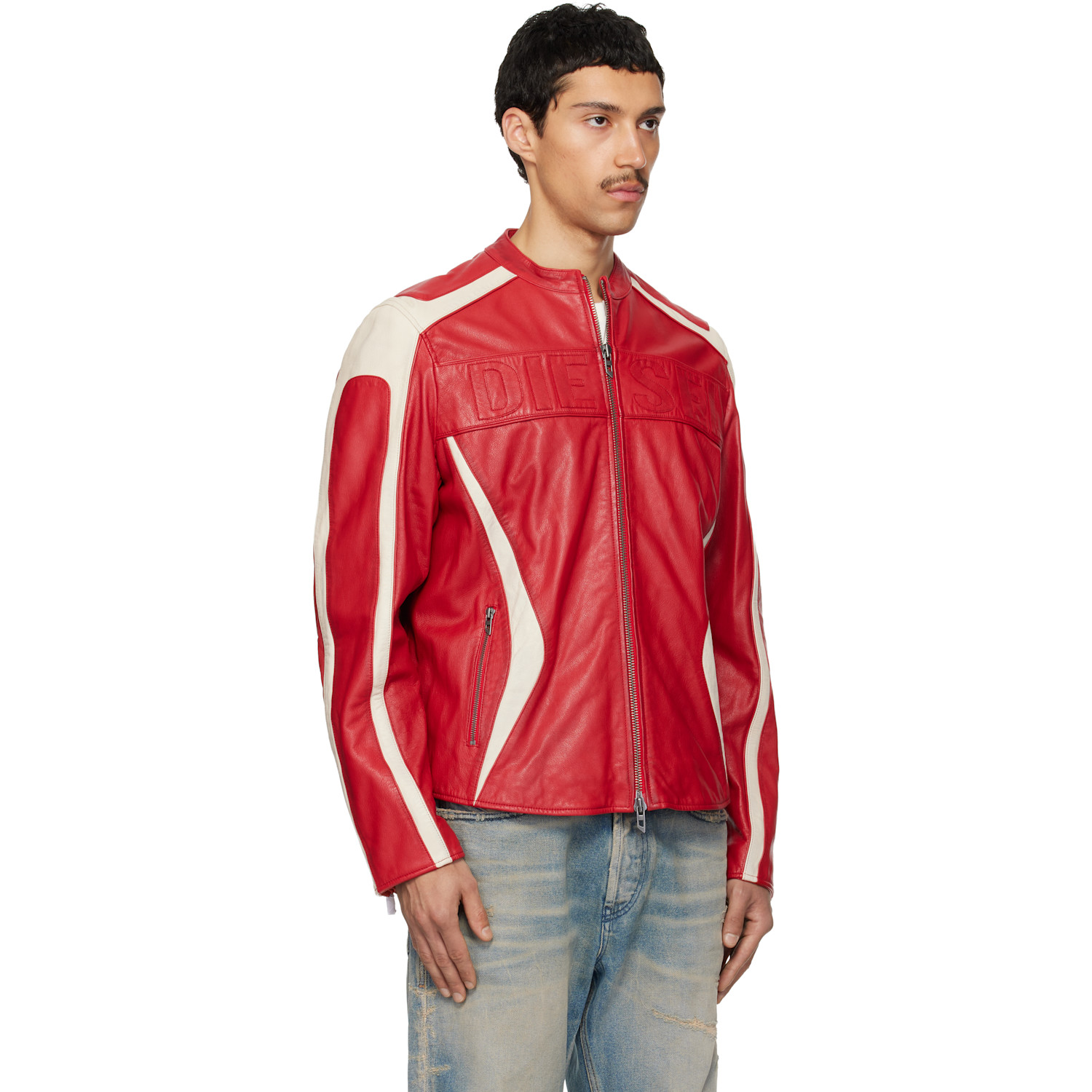  Diesel Red & Off-white L-adam Leather Jacket 