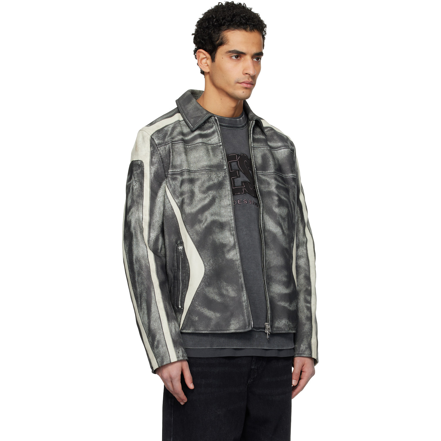 Diesel Black & Off-white L-amar-enbi Leather Jacket 