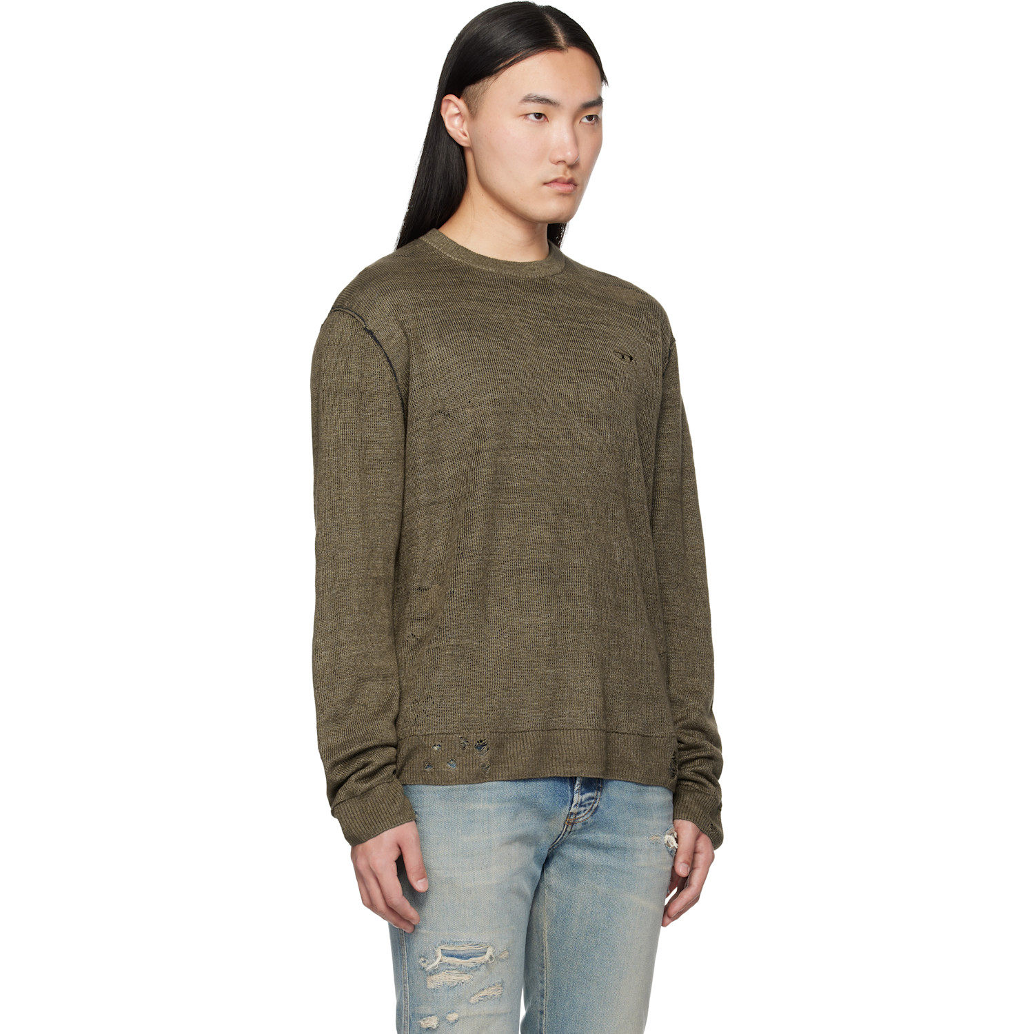  Diesel Khaki Destroyed Linen Sweater 
