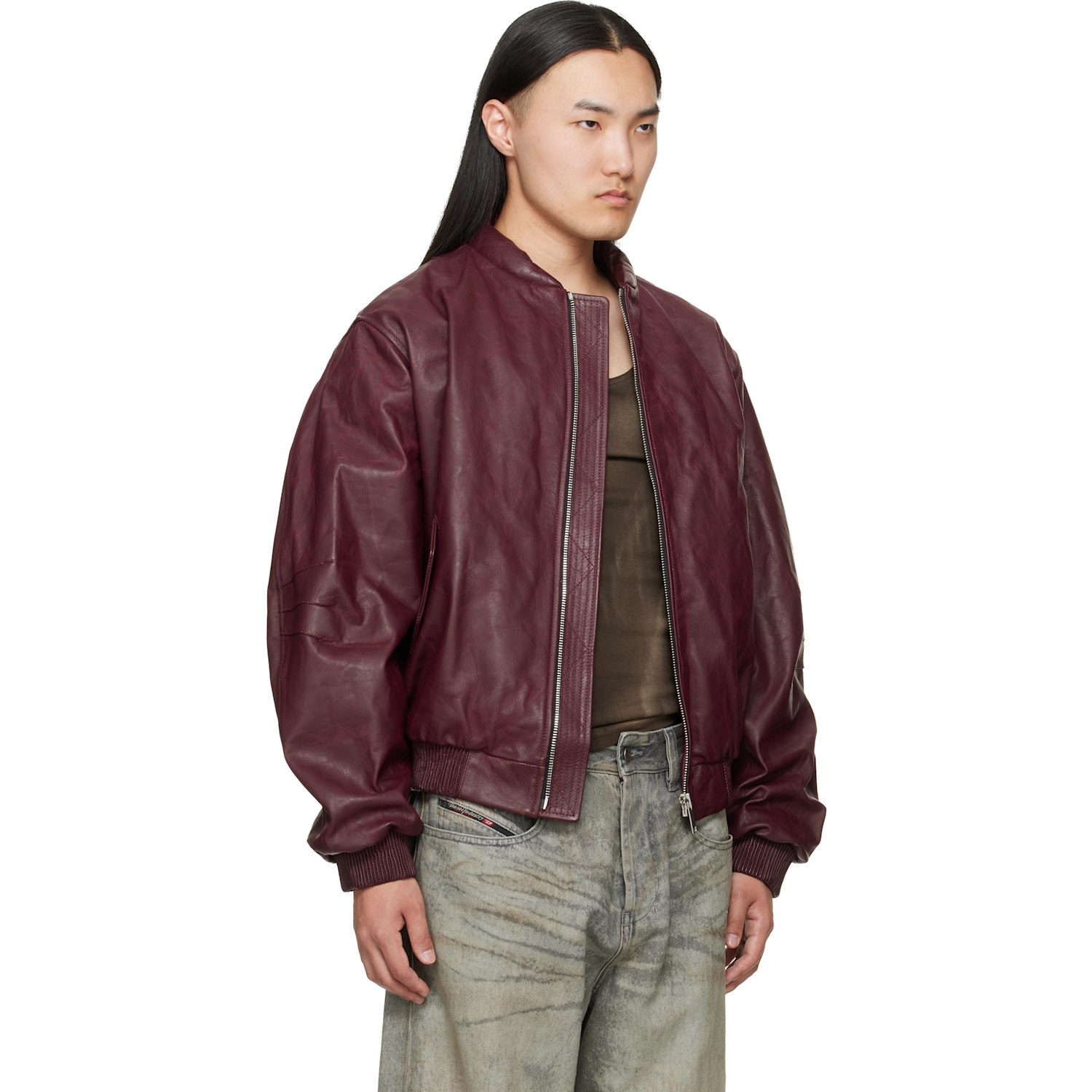  424 Red Leather Bomber Jacket 