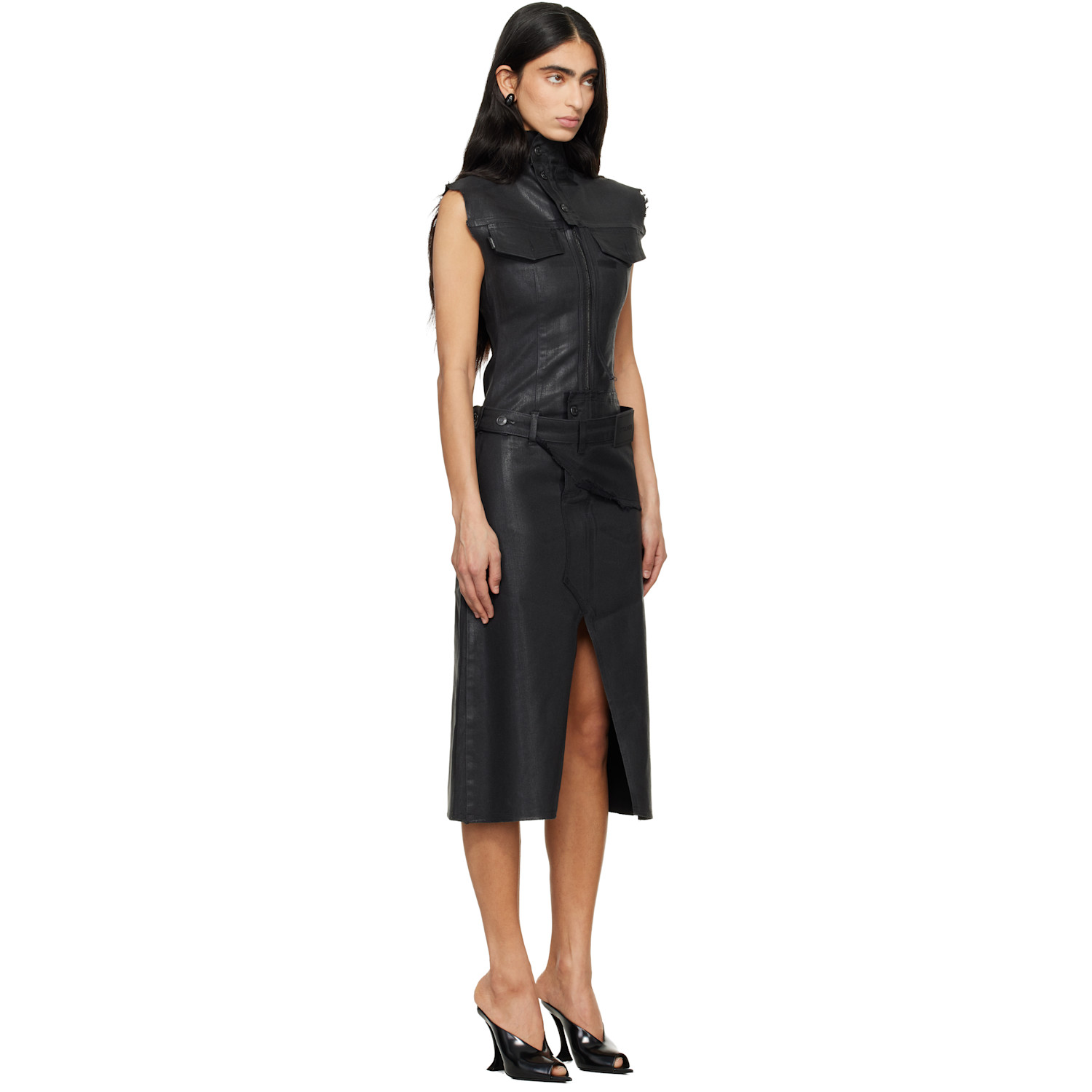  Ottolinger Black Glazed Denim Belted Midi Dress 