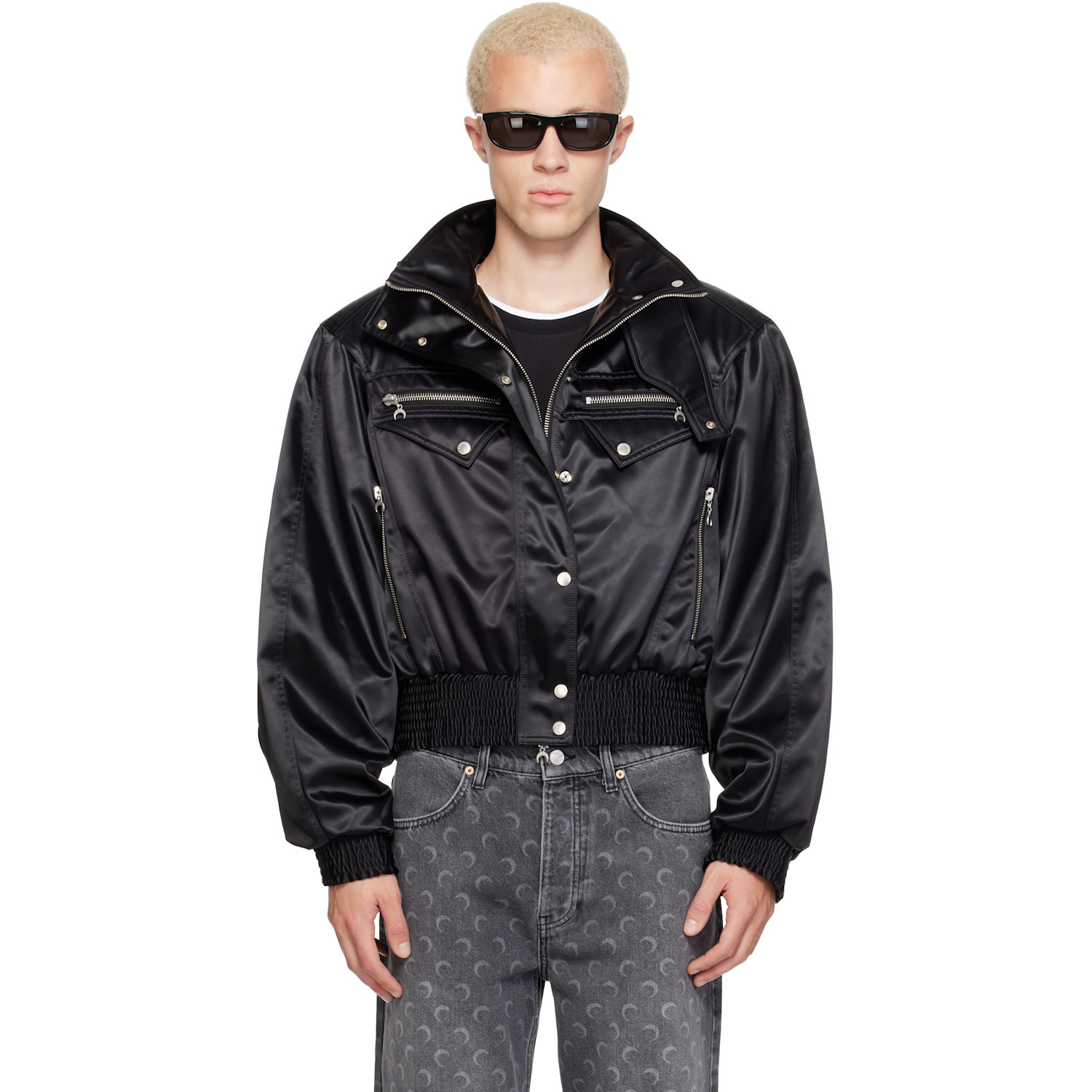 Marine Serre Black Satin Nylon Bomber Jacket
