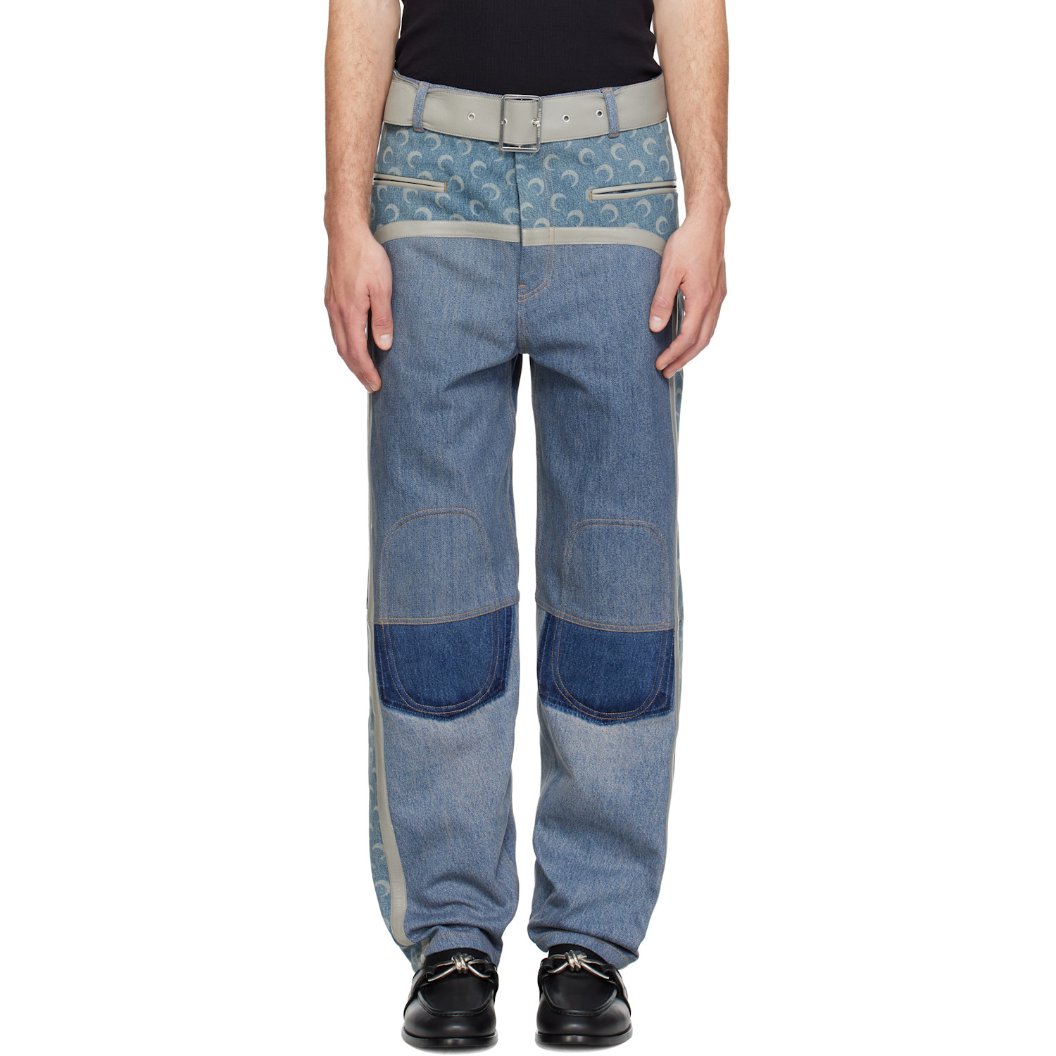 Marine Serre Blue Regenerated Denim Belted Baggy Jeans