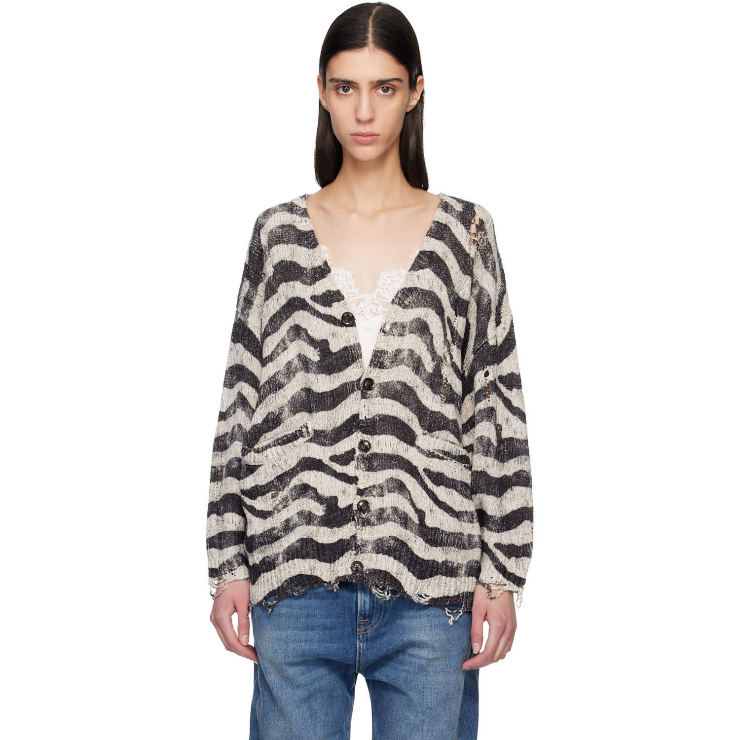 R13 Off-White & Black Printed Oversized Cardigan