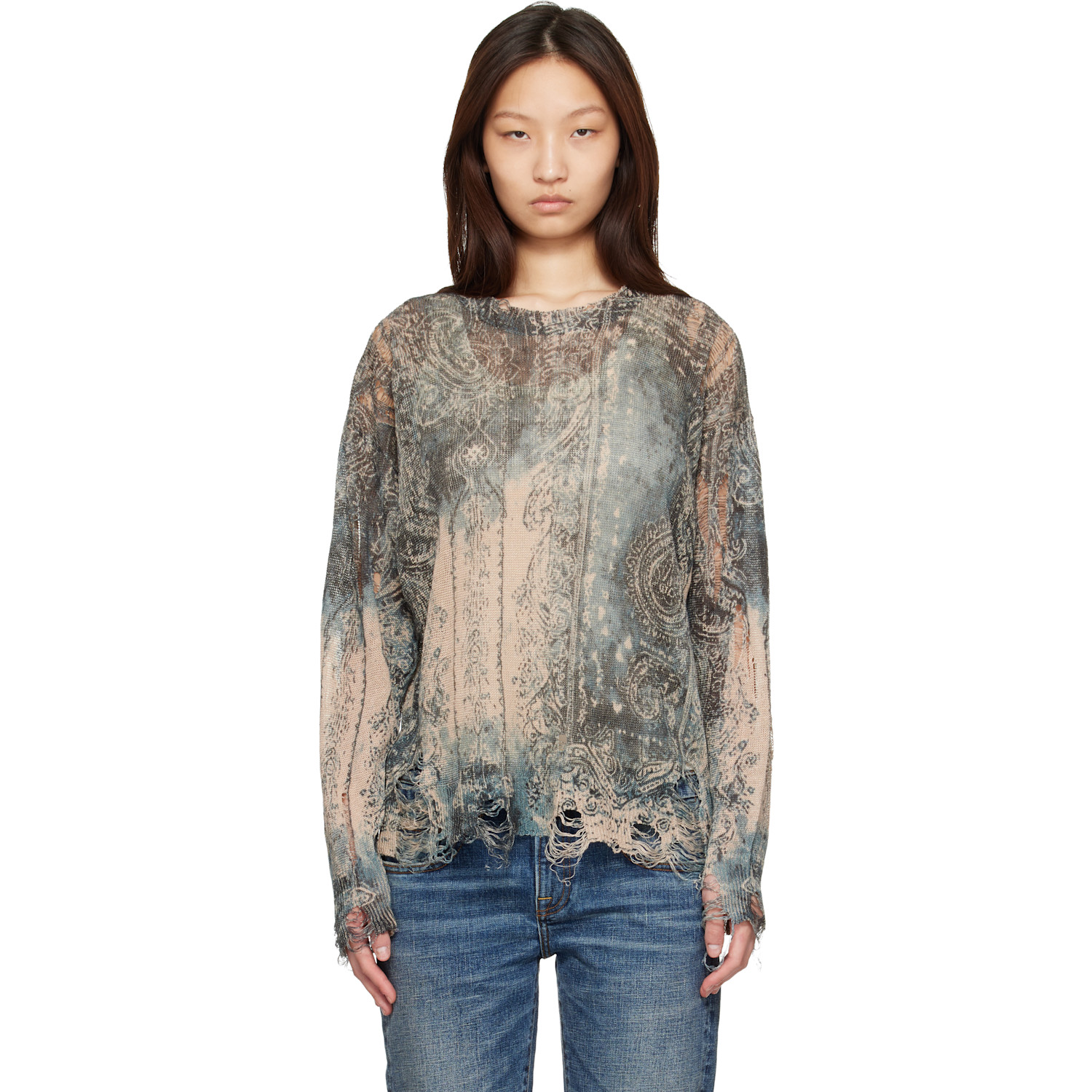 R13 Blue & Beige Printed Boyfriend Sweater