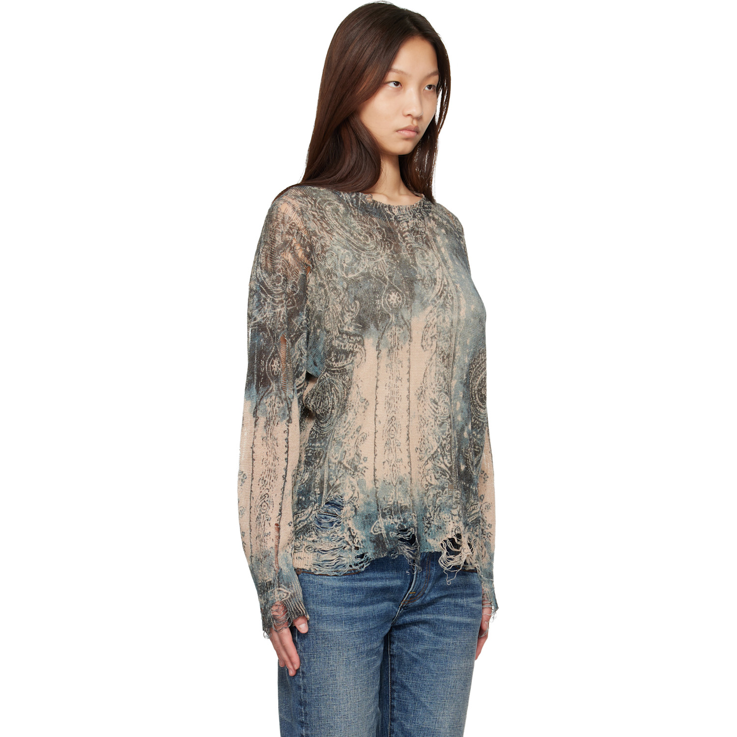  R13 Blue & Beige Printed Boyfriend Sweater 