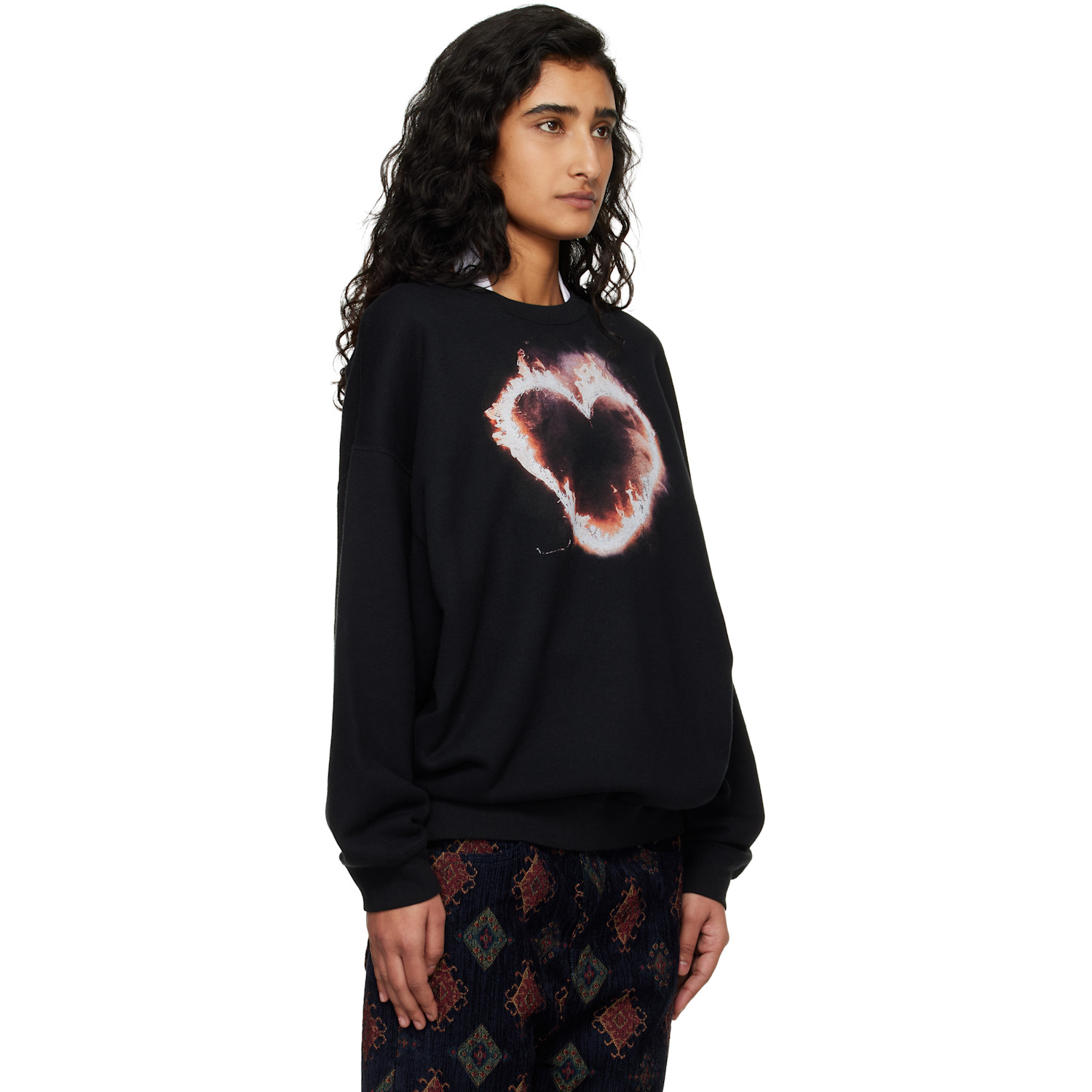  R13 Black Flaming Heart Oversized Crewneck Sweatshirt 