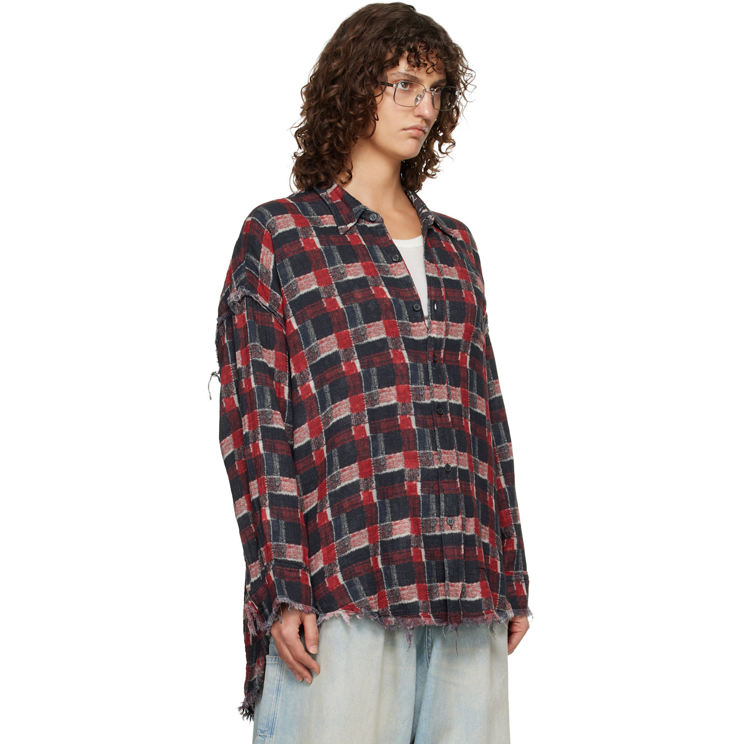  R13 Red & Black Shredded Seam Drop Neck Reversible Shirt 