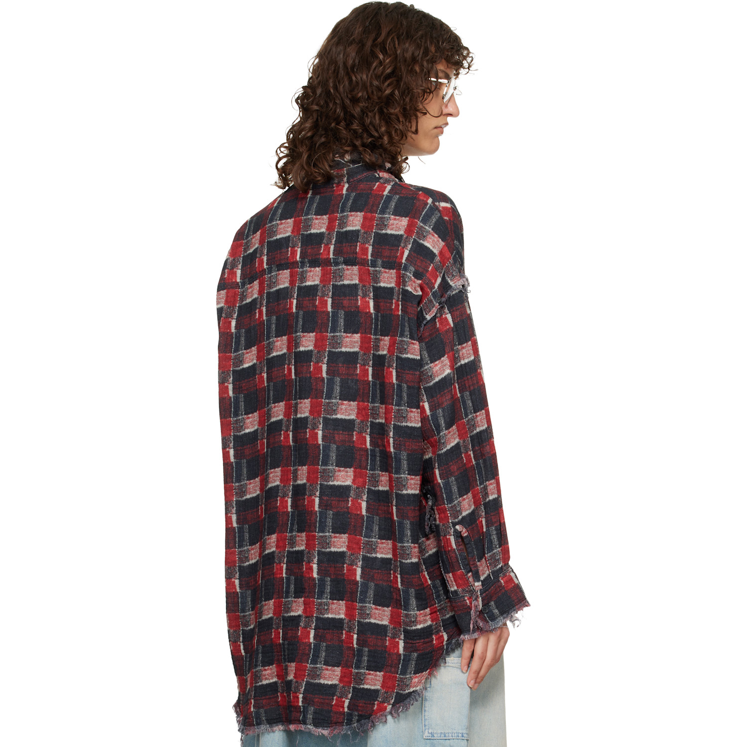  R13 Red & Black Shredded Seam Drop Neck Reversible Shirt 