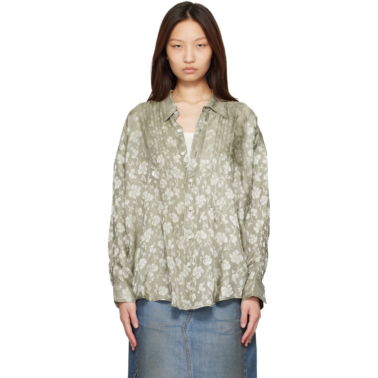R13 Khaki Pintuck Drop Neck Shirt