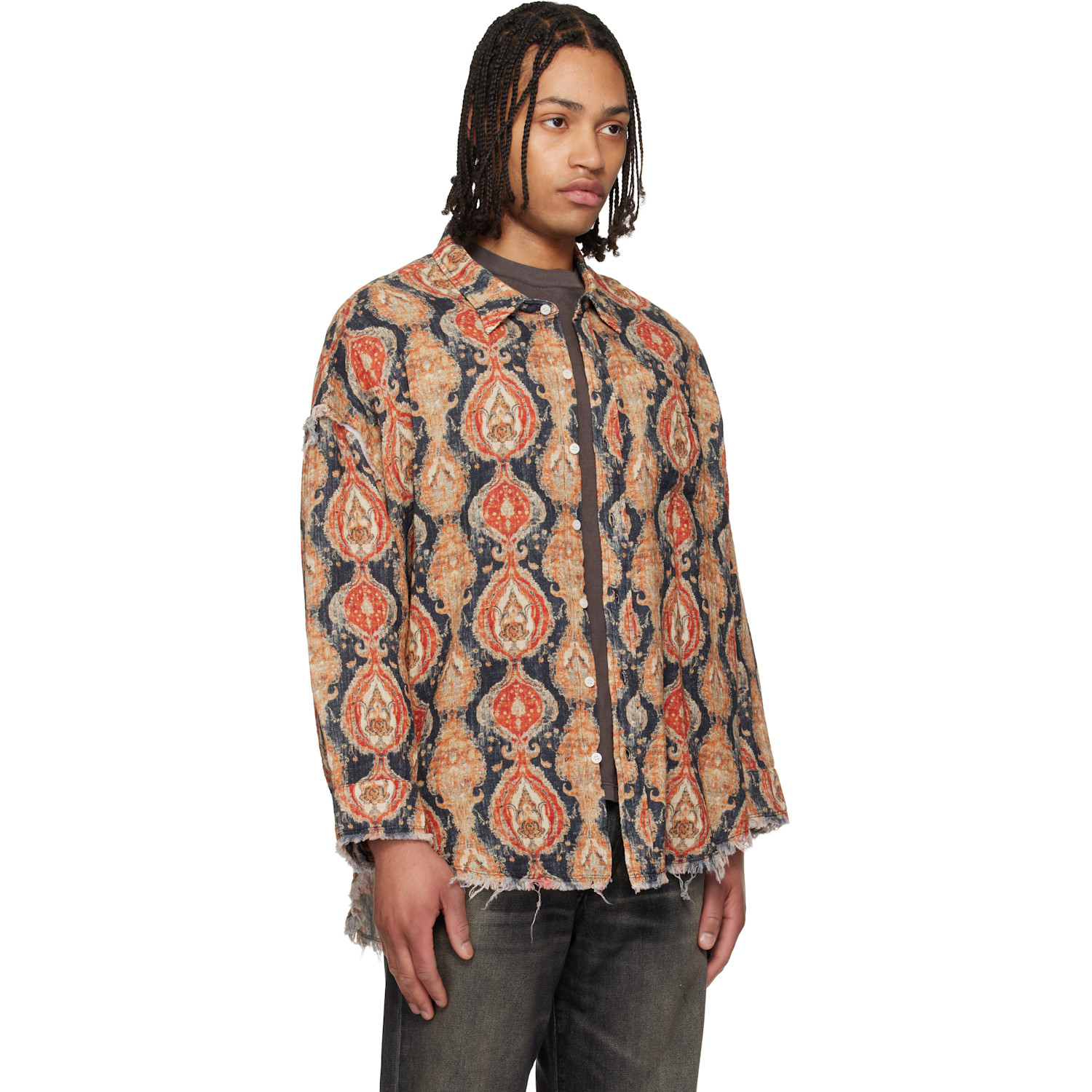  R13 Orange & Navy Shredded Seam Drop Neck Shirt 