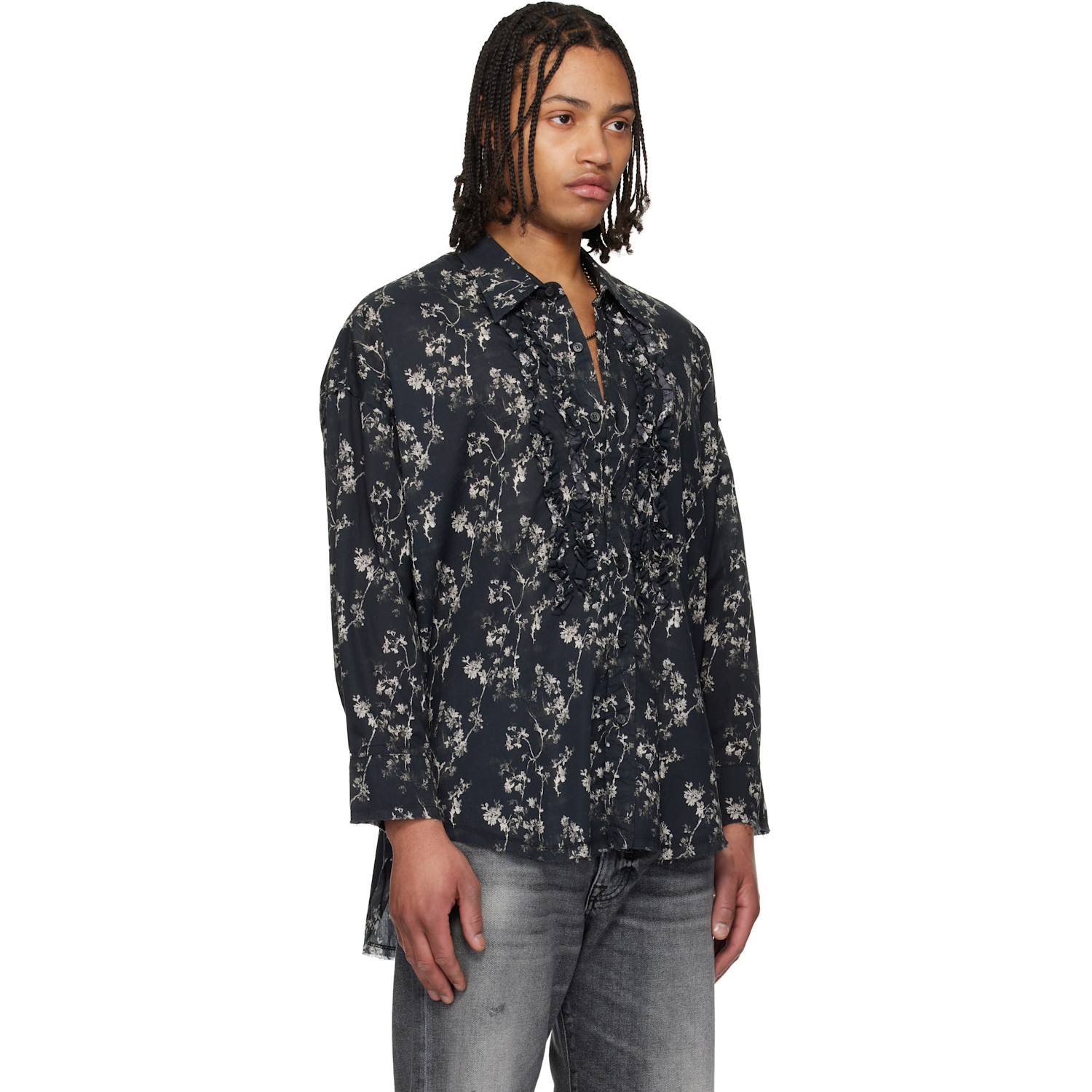  R13 Black Shredded Seam Ruffle Shirt 