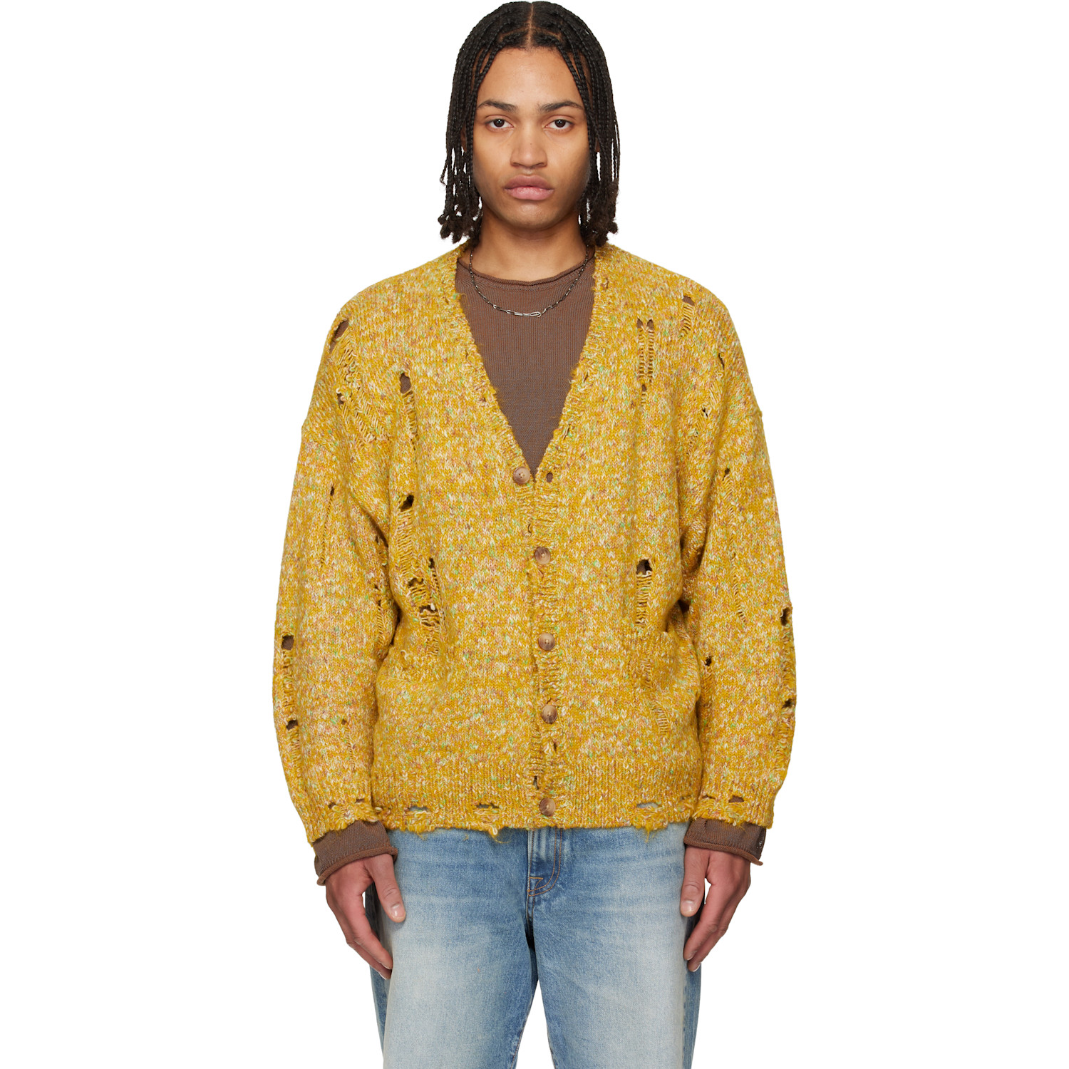 R13 Yellow Distressed Oversized Cardigan