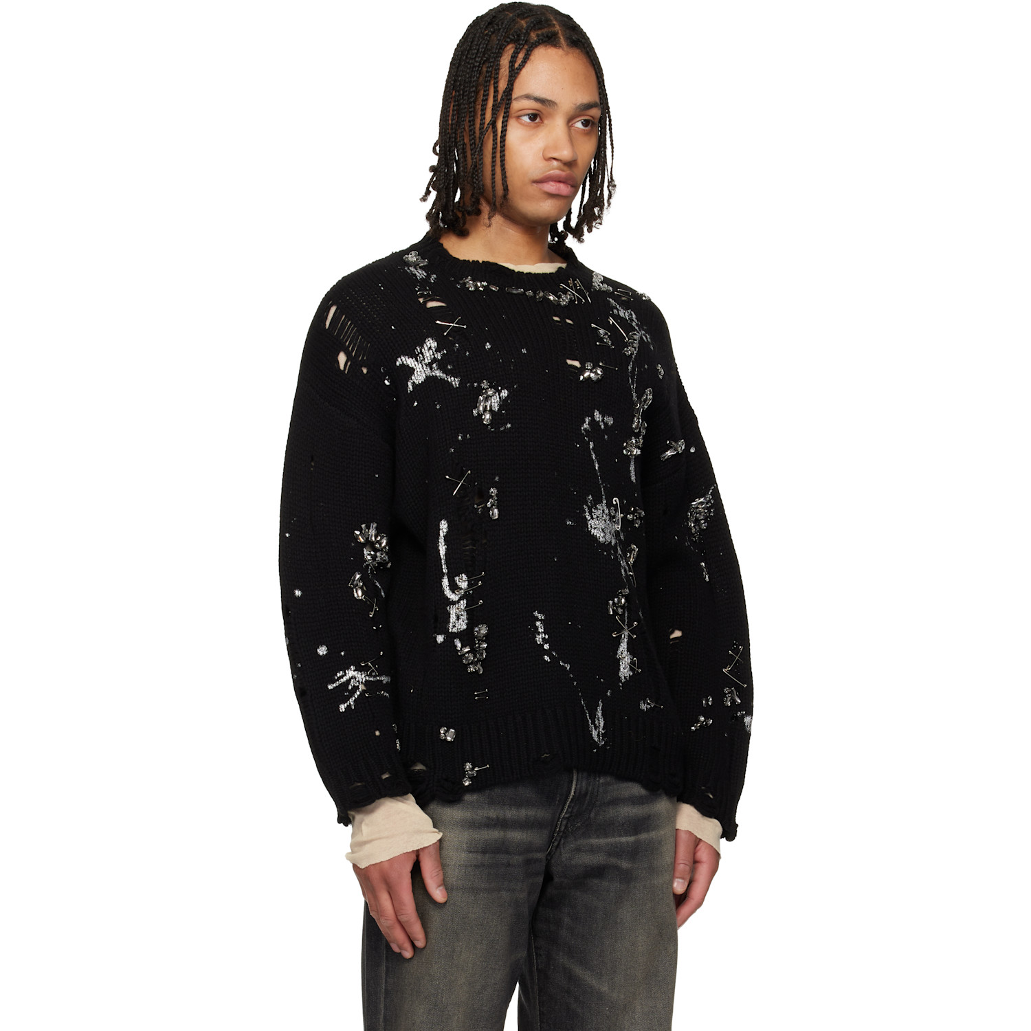  R13 Black Distressed Oversized Crystals & Pins Sweater 