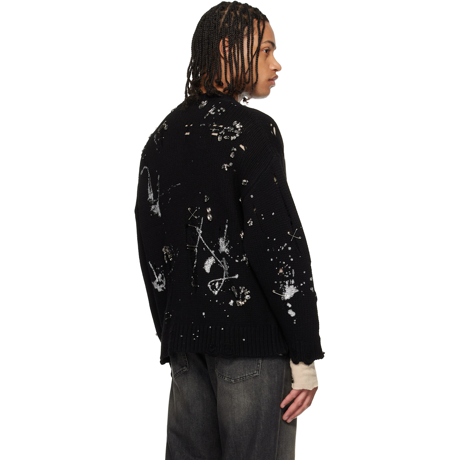  R13 Black Distressed Oversized Crystals & Pins Sweater 