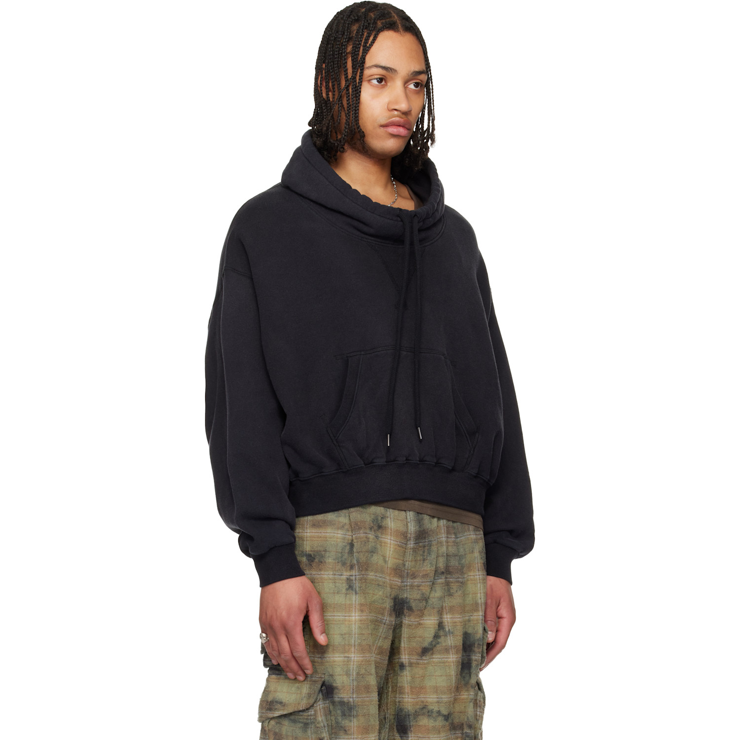  R13 Black Funnel Neck Cropped Popover Hoodie 