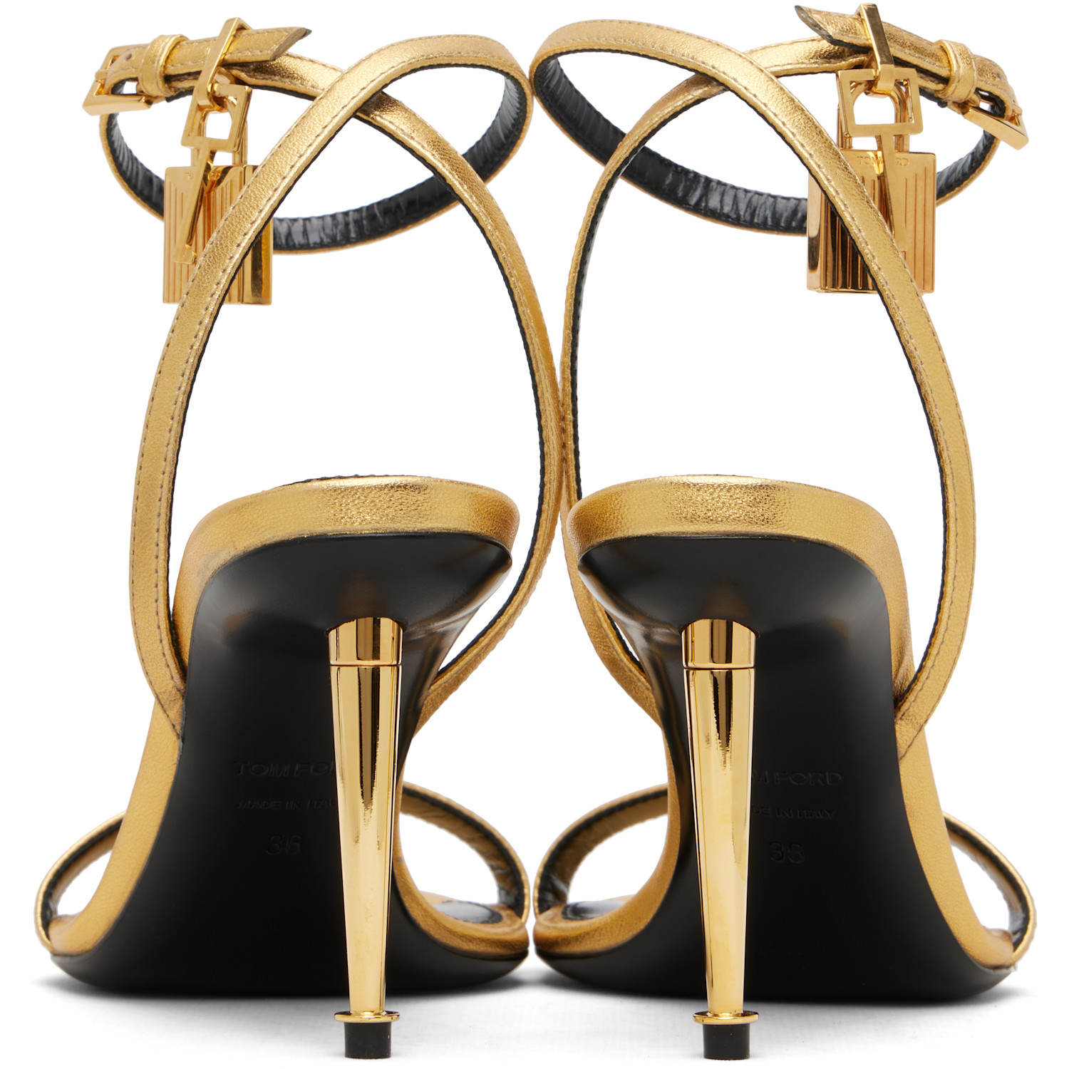  Tom Ford Gold Nappa Padlock Pointy Naked Heeled Sandals 
