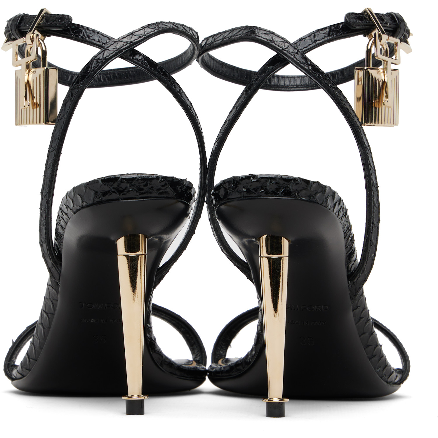  Tom Ford Black Python Pointy Padlock Naked Heeled Sandals 