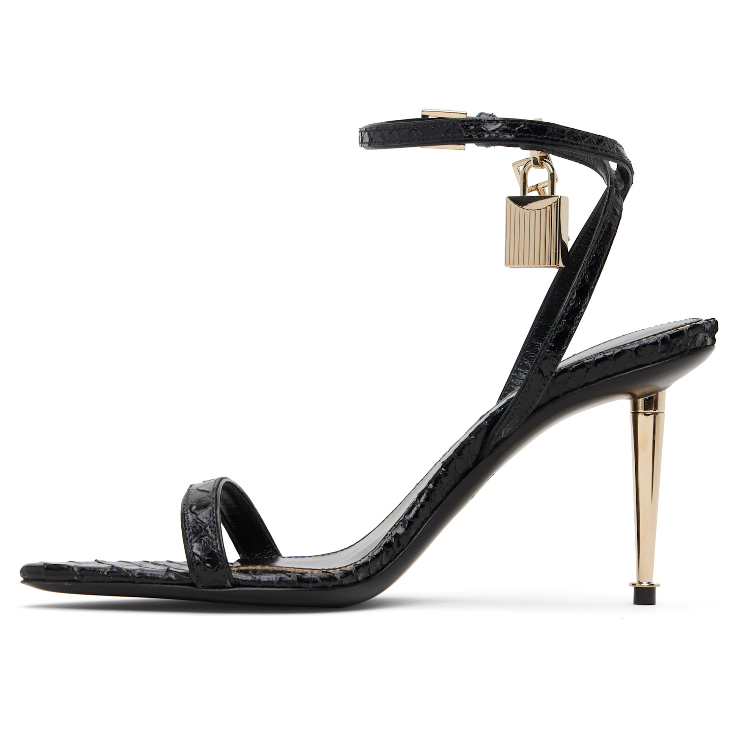  Tom Ford Black Python Pointy Padlock Naked Heeled Sandals 