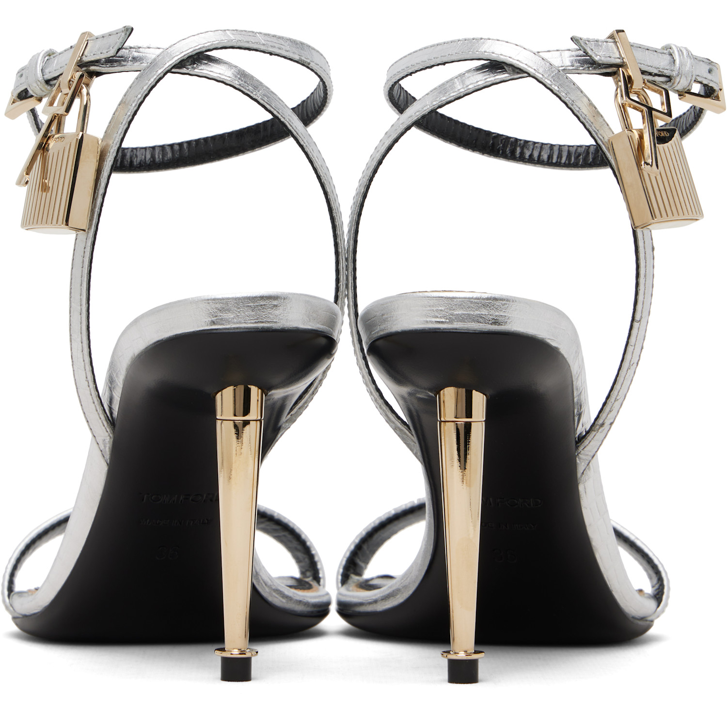  Tom Ford Silver Nappa Padlock Pointy Naked Heeled Sandals 